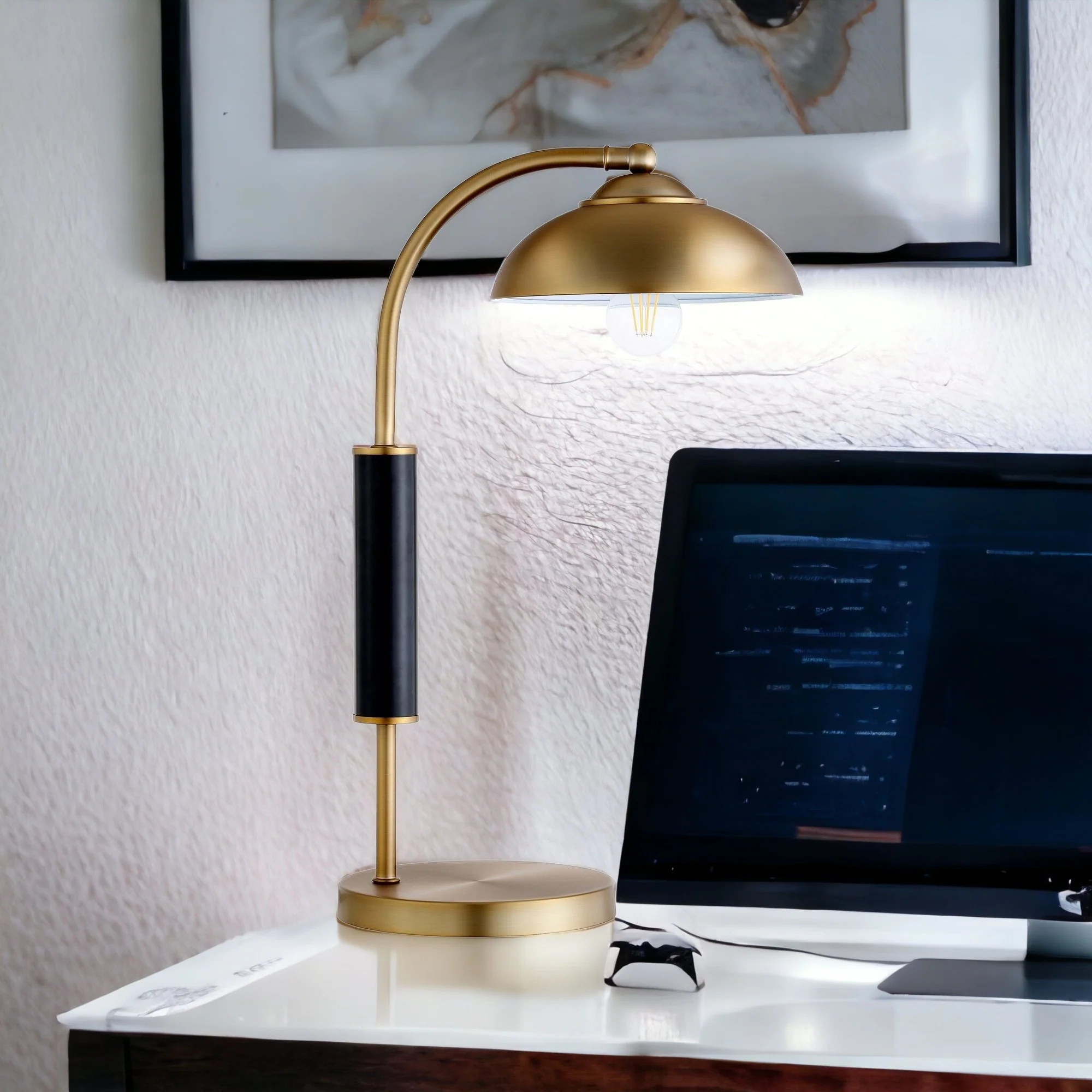 Gold and Black Metal Desk Table Lamp With Gold Dome Shade By Homeroots - Image 3