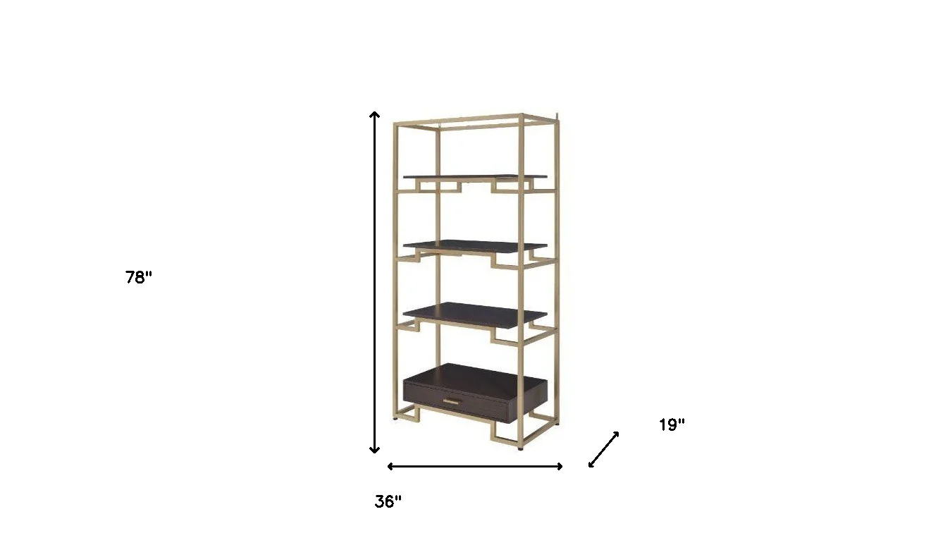 Gold and Black Metal Four Tier Etagere Bookcase with a Drawer By Homeroots - Image 4