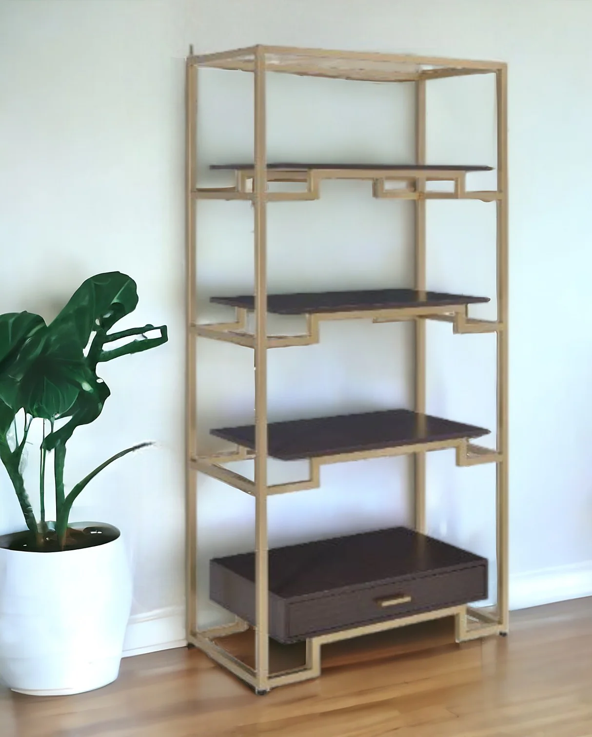Gold and Black Metal Four Tier Etagere Bookcase with a Drawer By Homeroots - Image 5