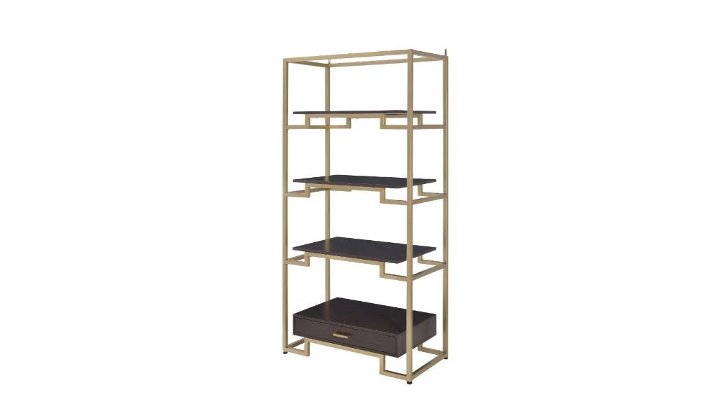 Gold and Black Metal Four Tier Etagere Bookcase with a Drawer By Homeroots - Image 6