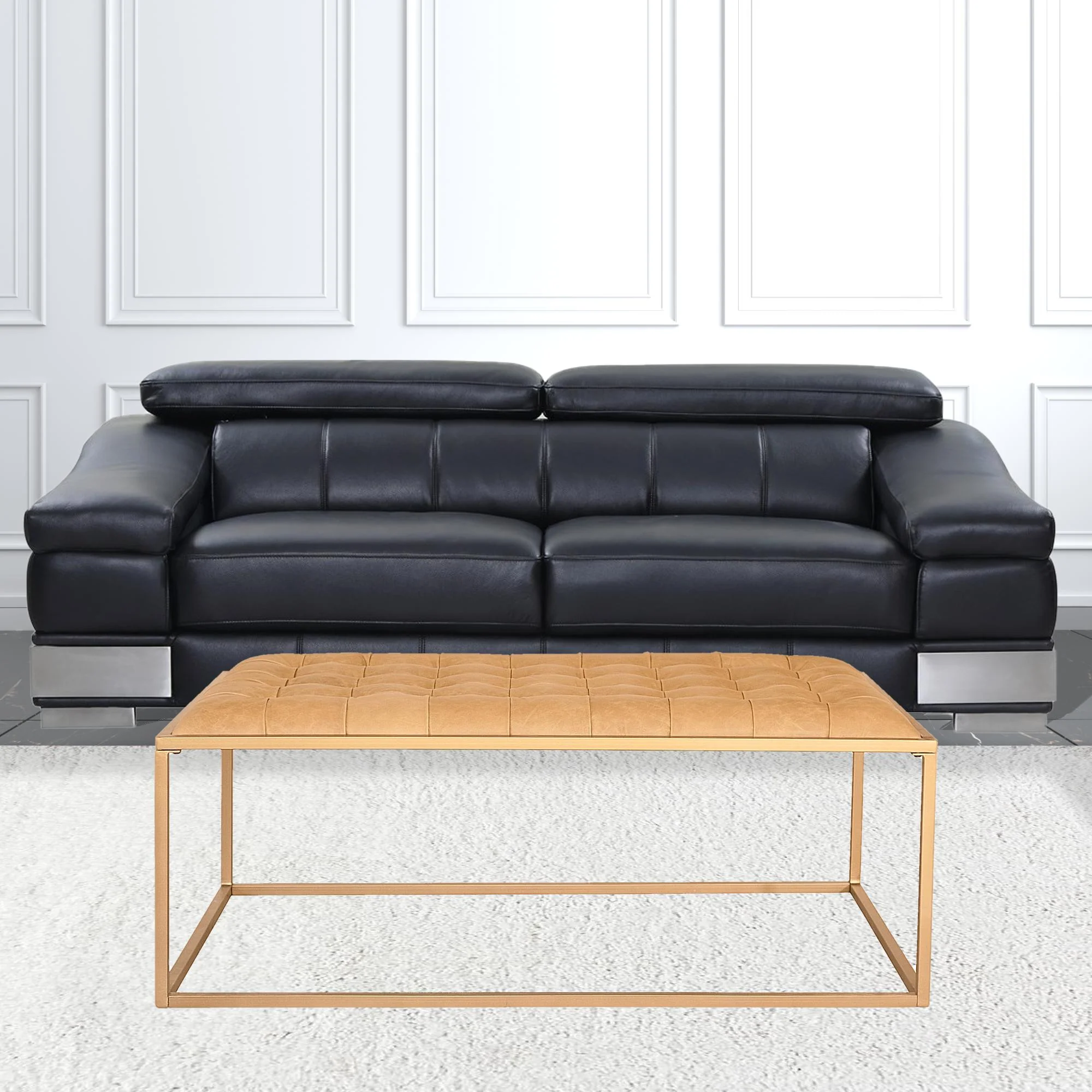 Gold And Brown Leather Rectangular Coffee Table By Homeroots - Image 5