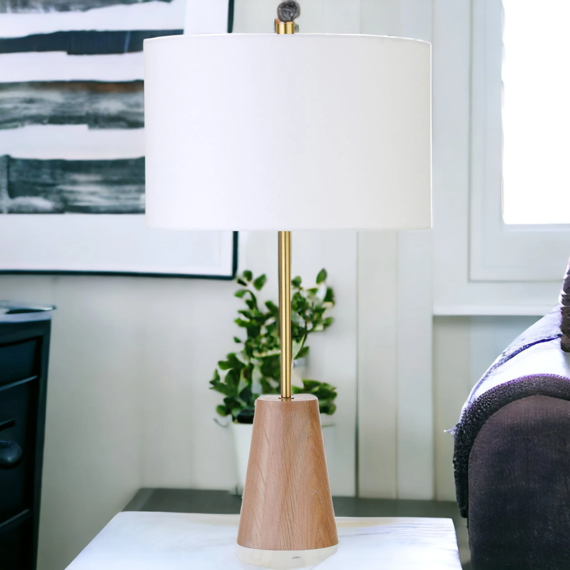 Gold and Brown Metal Table Lamp With White Drum Shade By Homeroots - Image 5