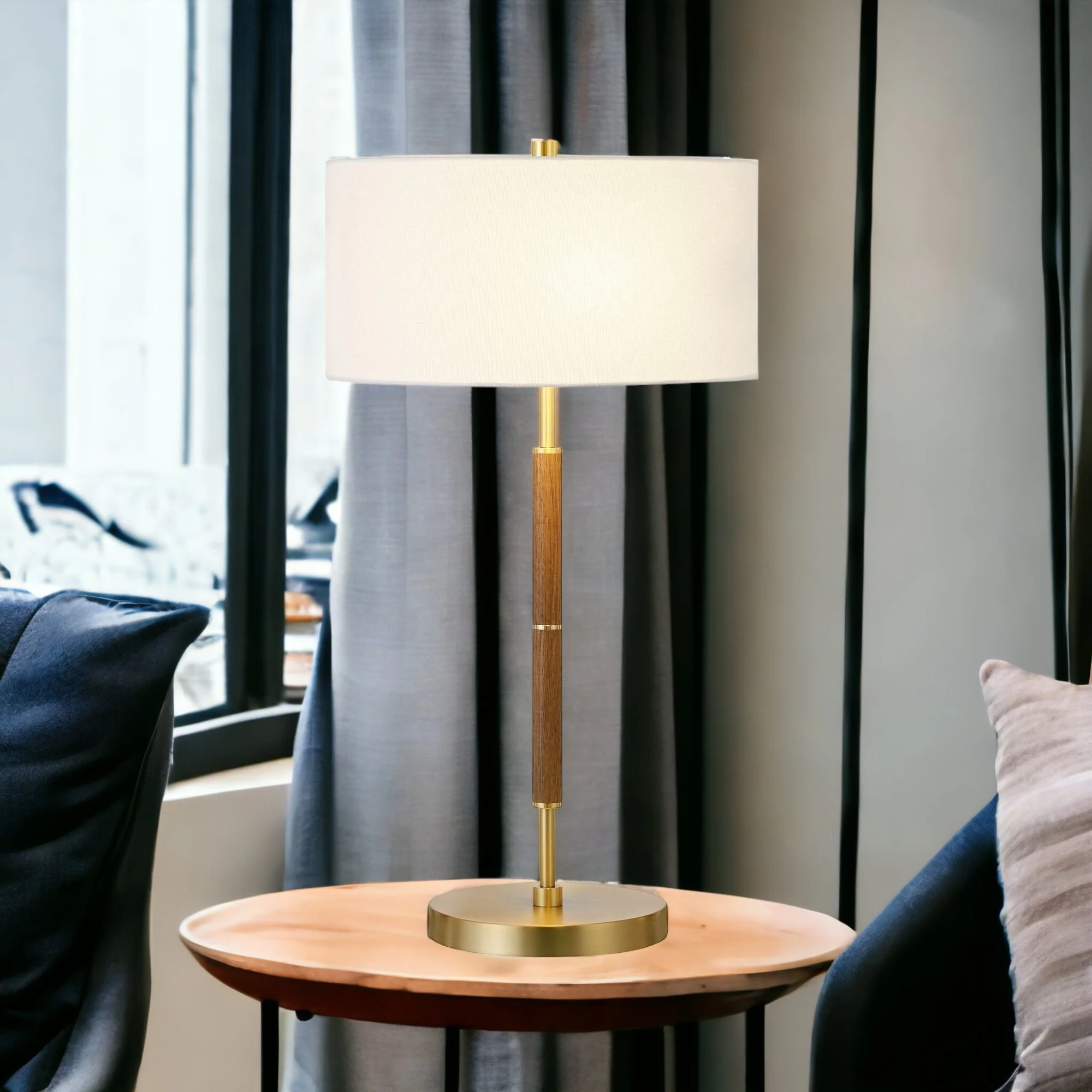 Gold and Oak Metal Two Light Table Lamp With White Drum Shade By Homeroots - Image 2