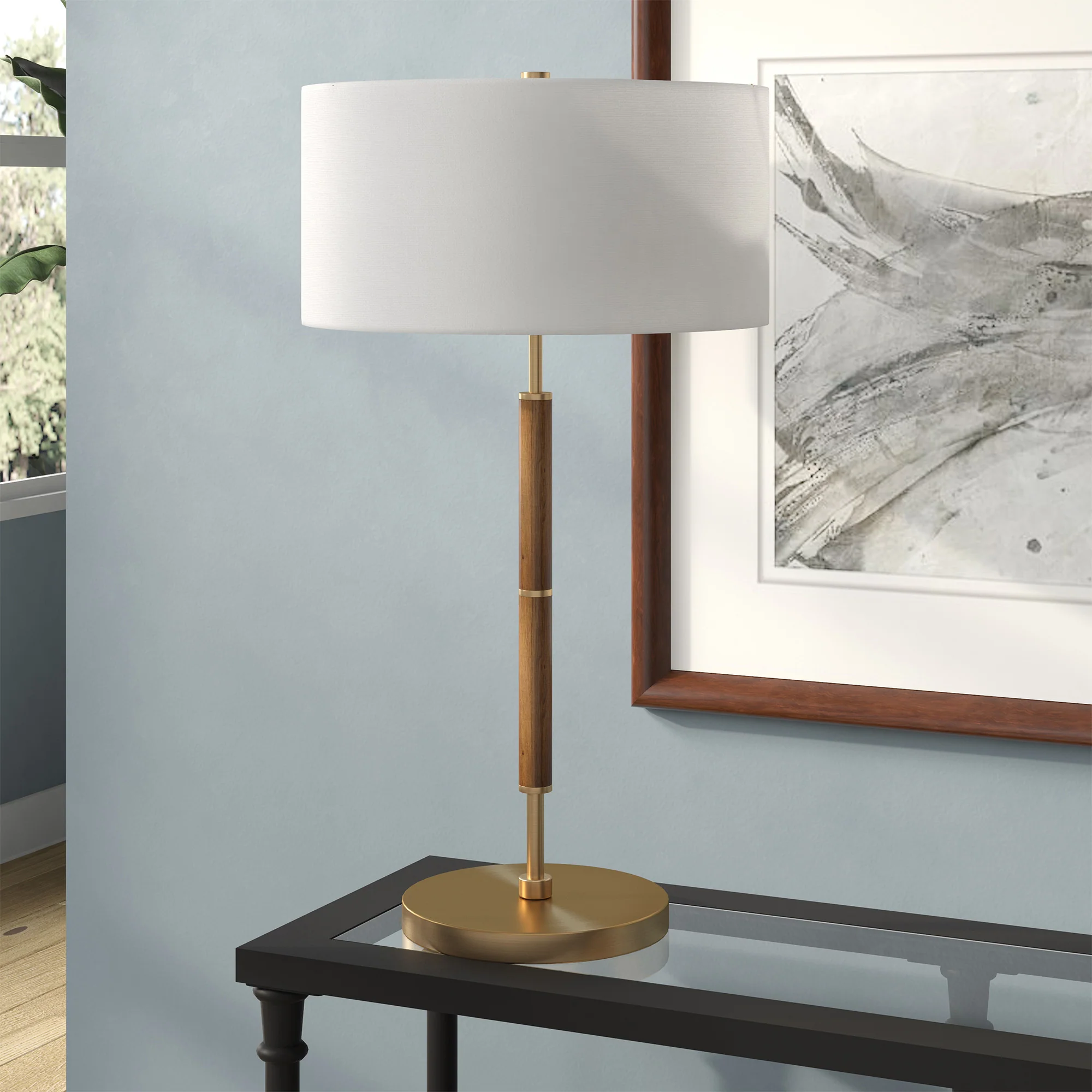 Gold and Oak Metal Two Light Table Lamp With White Drum Shade By Homeroots - Image 6