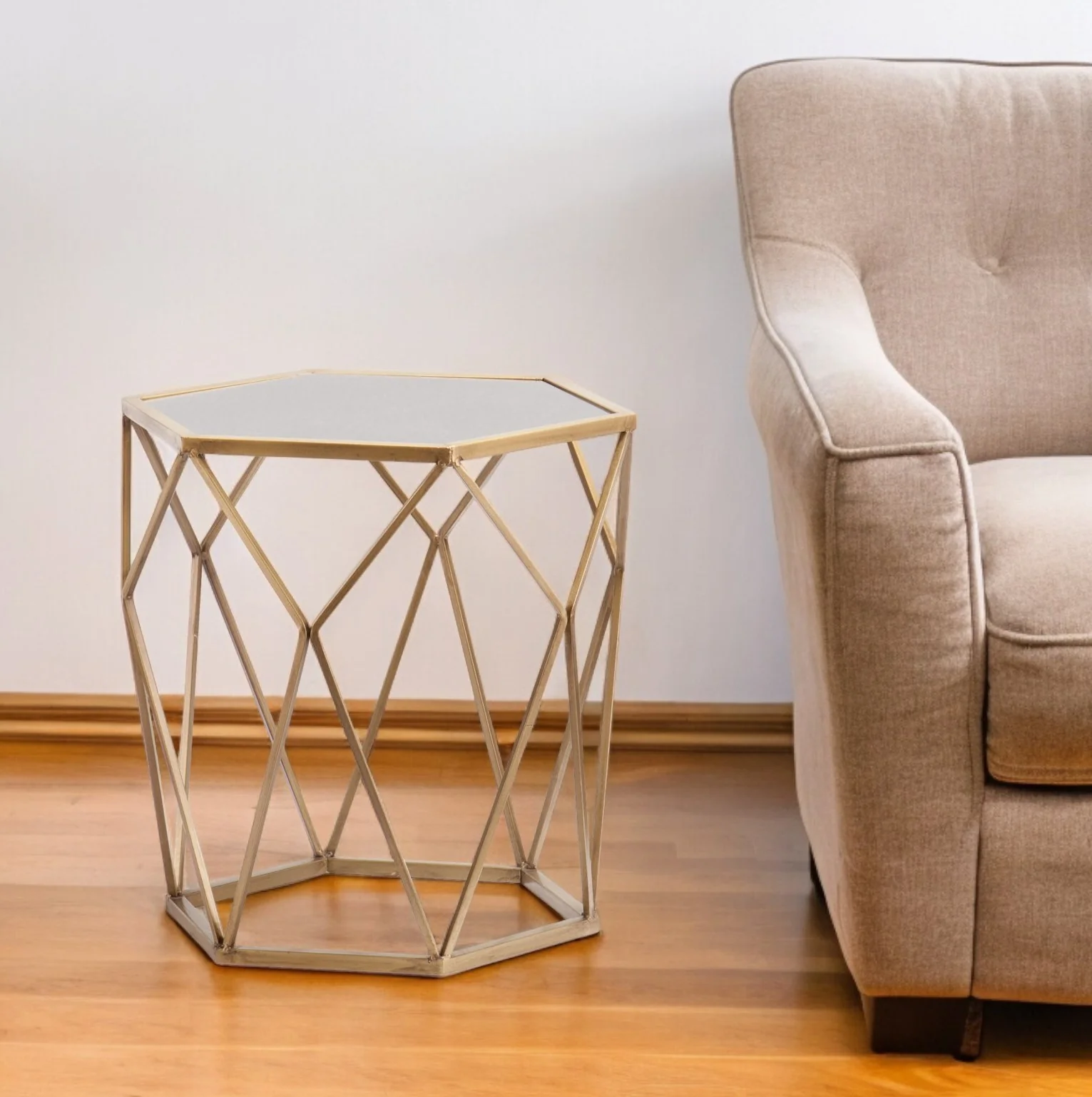 Gold And Reflective Glass Hexagon Mirrored End Table By Homeroots - Image 2