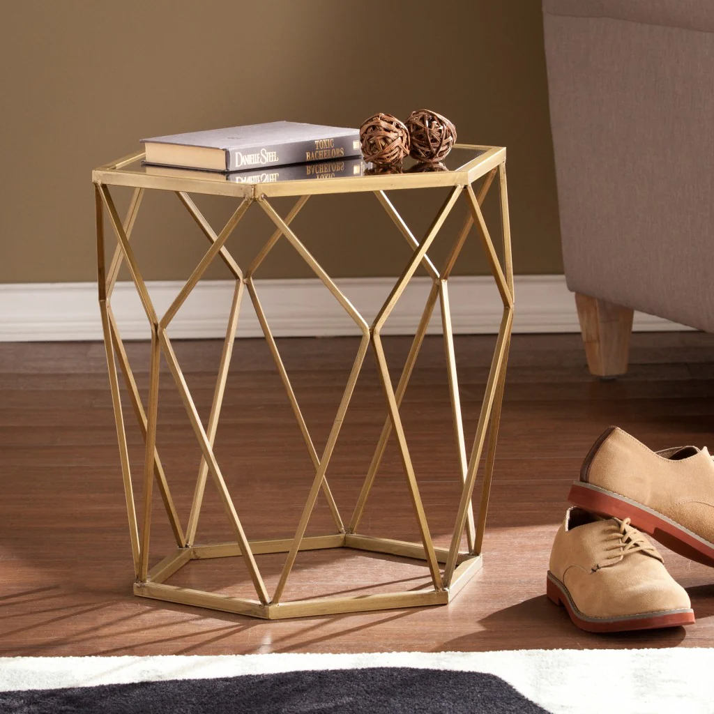 Gold And Reflective Glass Hexagon Mirrored End Table By Homeroots - Image 3
