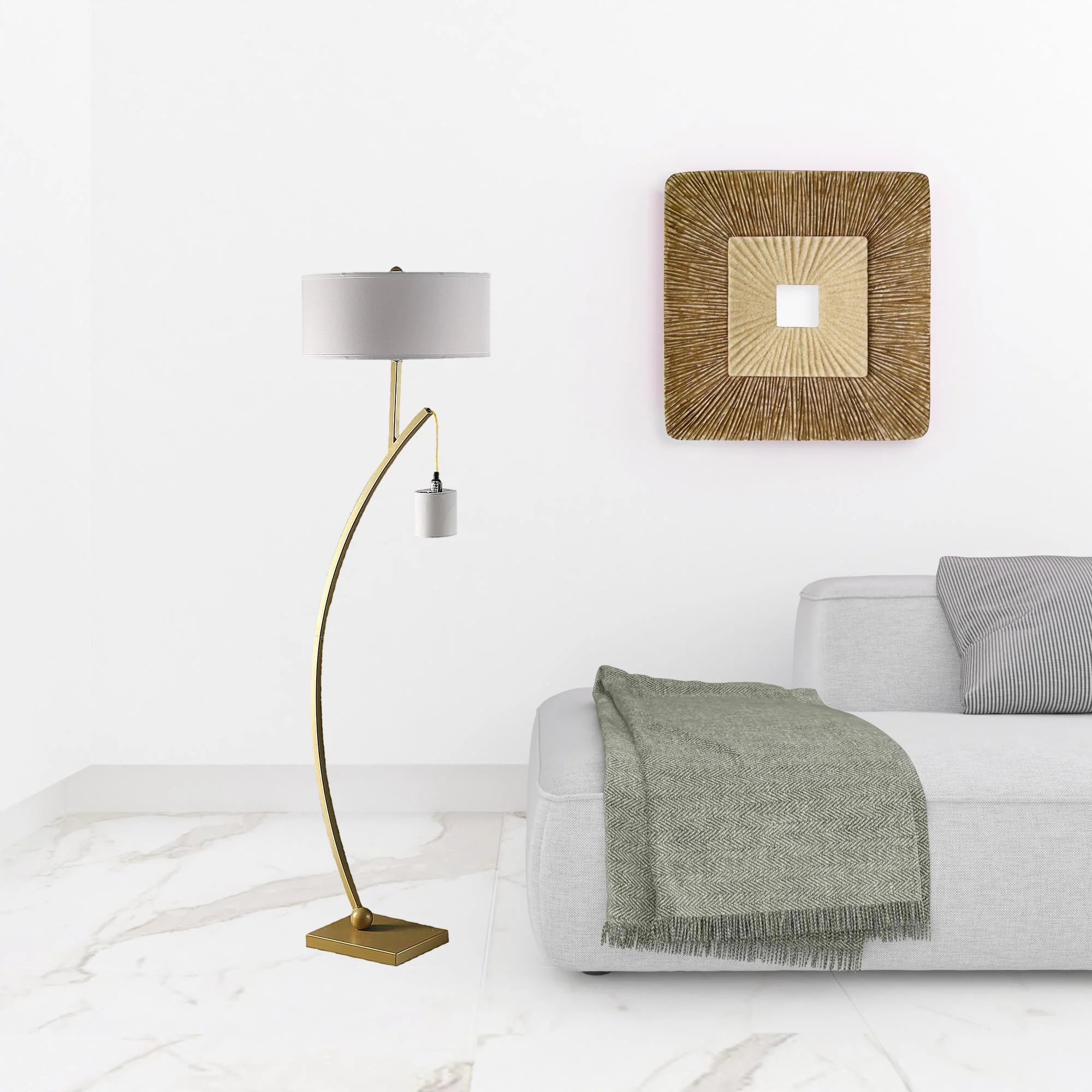 Gold And White Arc Floor Lamp With White Fabric Drum Shade By Homeroots - Image 3