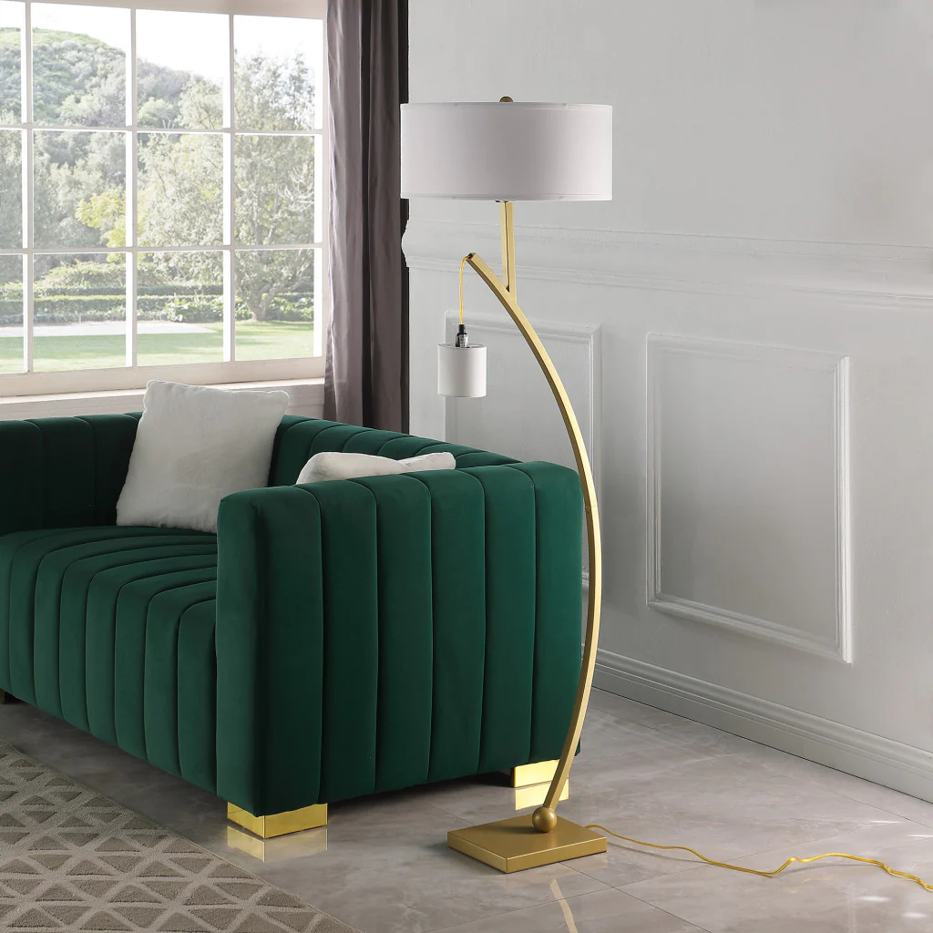 Gold And White Arc Floor Lamp With White Fabric Drum Shade By Homeroots - Image 4