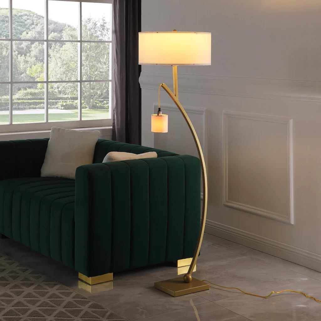 Gold And White Arc Floor Lamp With White Fabric Drum Shade By Homeroots - Image 5