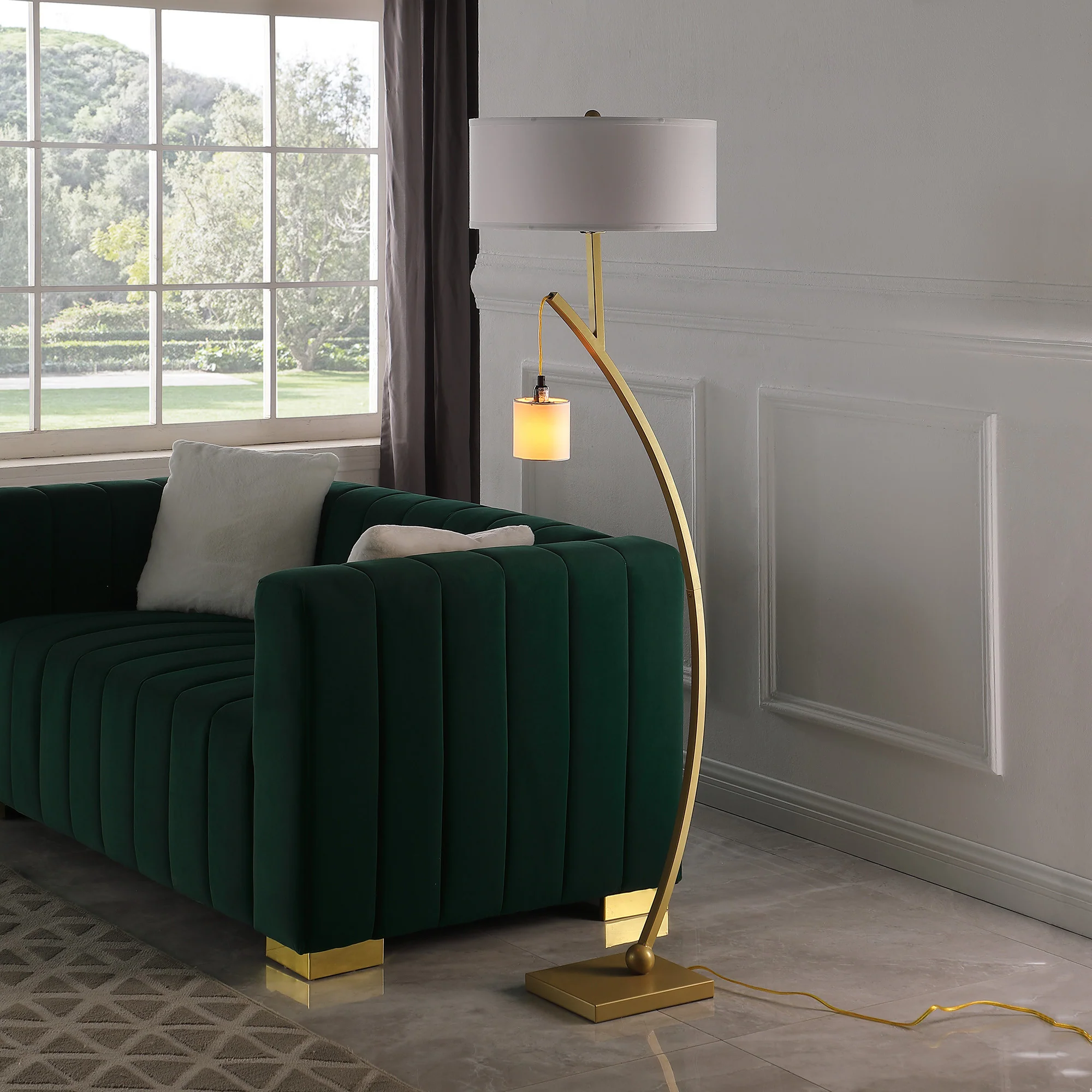 Gold And White Arc Floor Lamp With White Fabric Drum Shade By Homeroots - Image 6