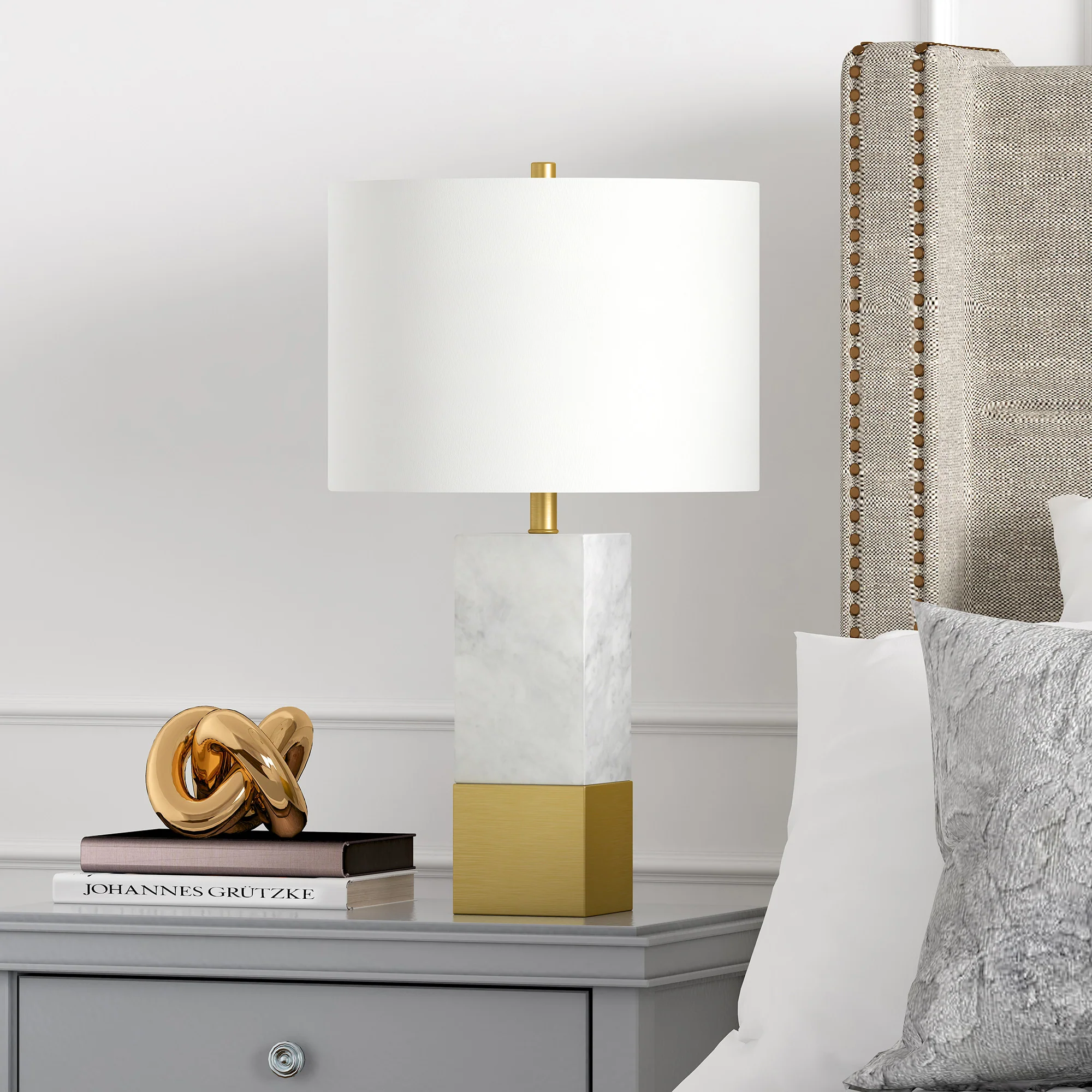 Gold and White Marble Table Lamp With White Drum Shade By Homeroots - Image 2