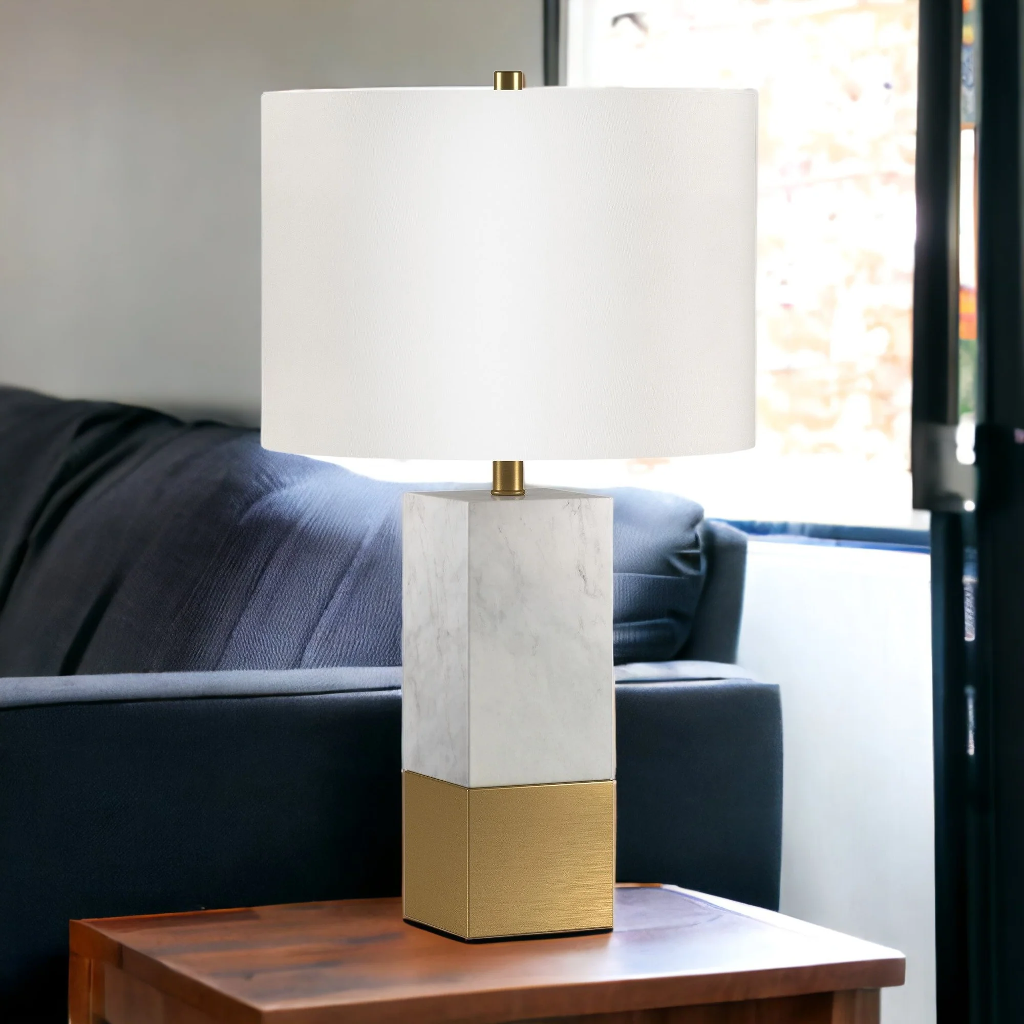 Gold and White Marble Table Lamp With White Drum Shade By Homeroots - Image 8