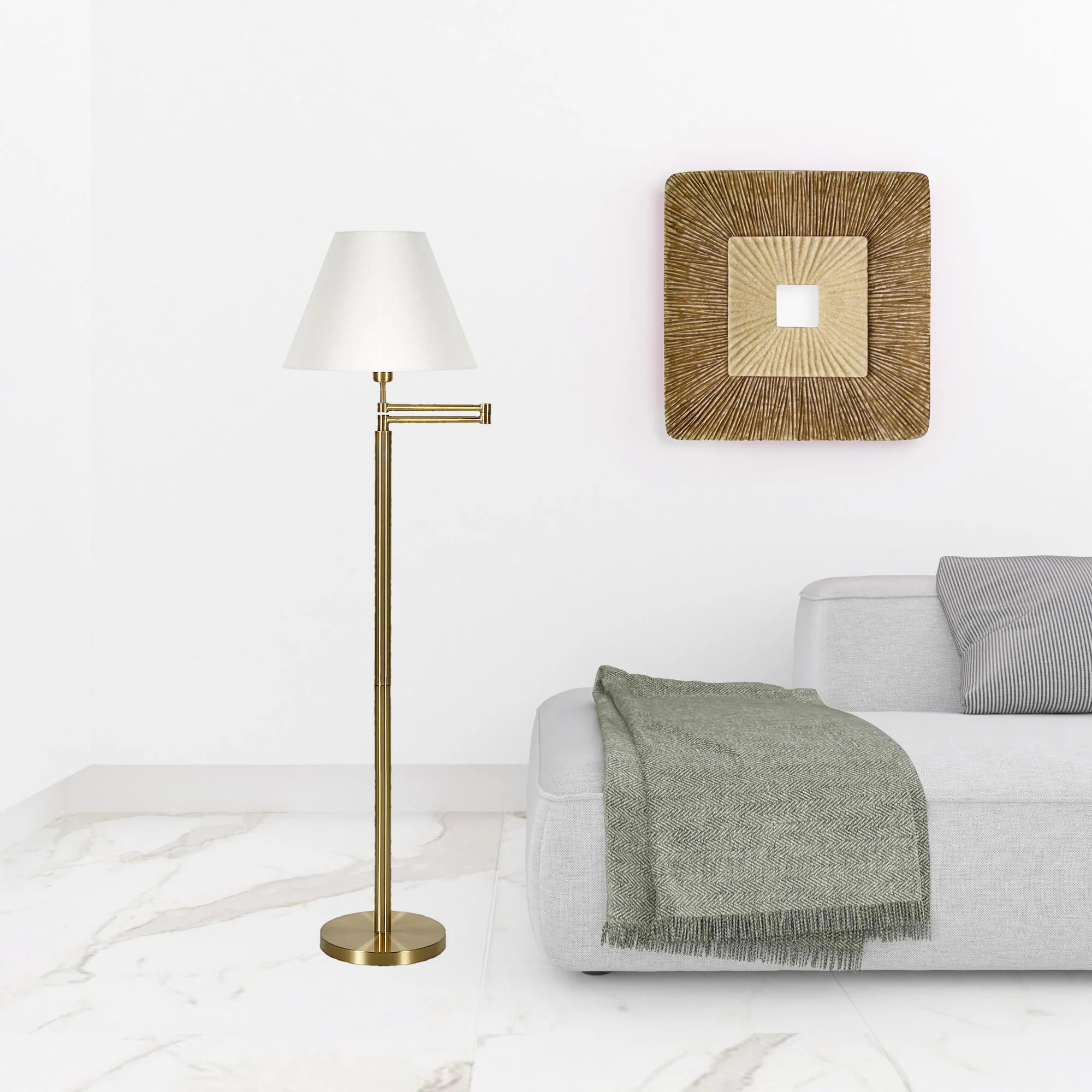 Gold And White Swing Arm Floor Lamp With White Fabric Empire Shade By Homeroots - Image 5