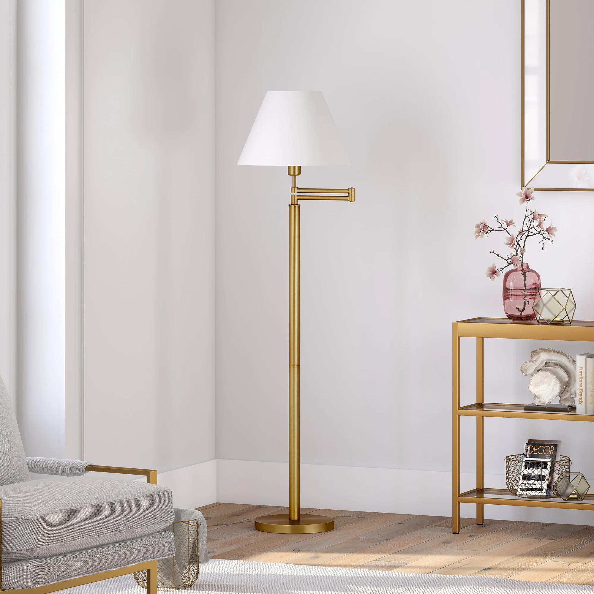 Gold And White Swing Arm Floor Lamp With White Fabric Empire Shade By Homeroots - Image 7