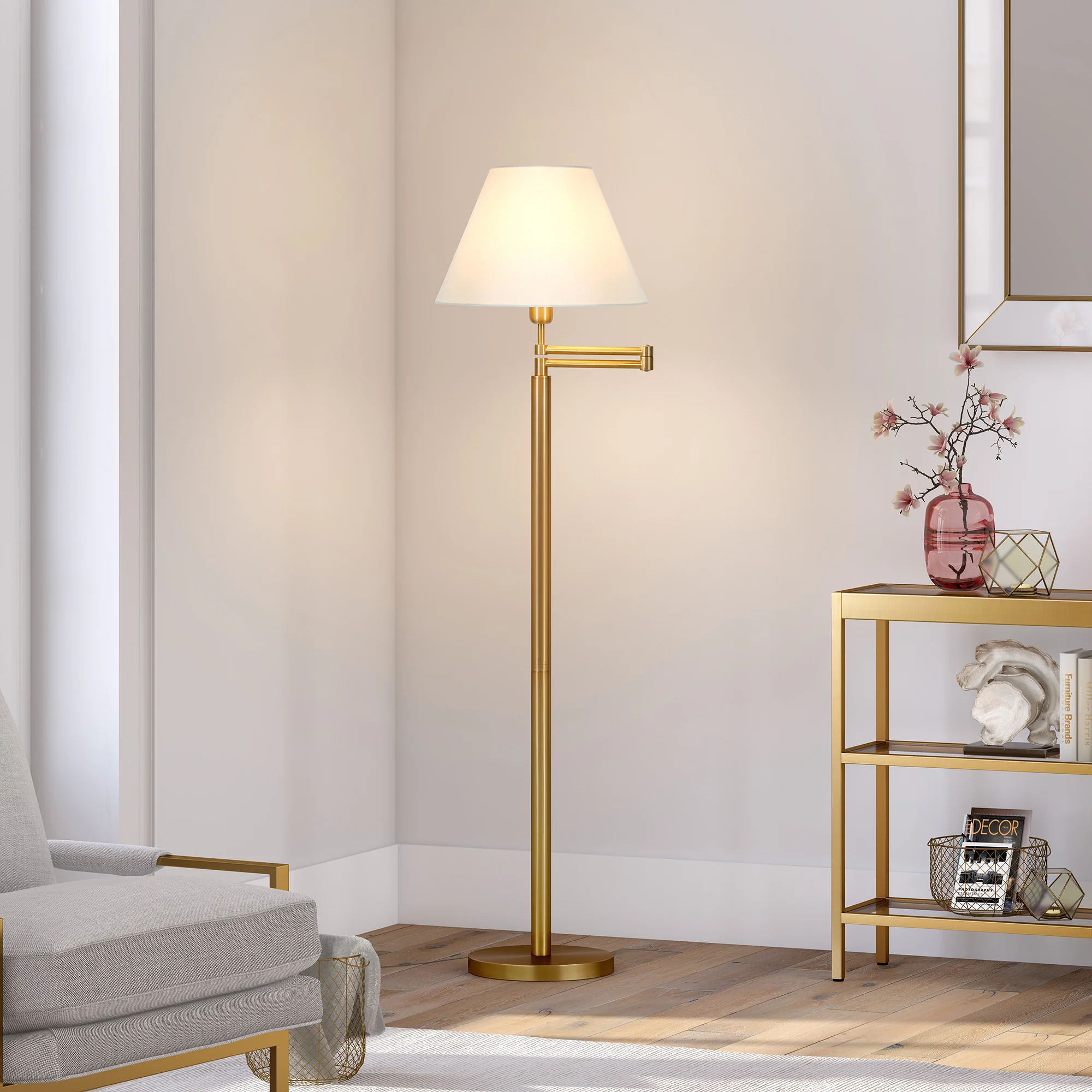 Gold And White Swing Arm Floor Lamp With White Fabric Empire Shade By Homeroots - Image 8