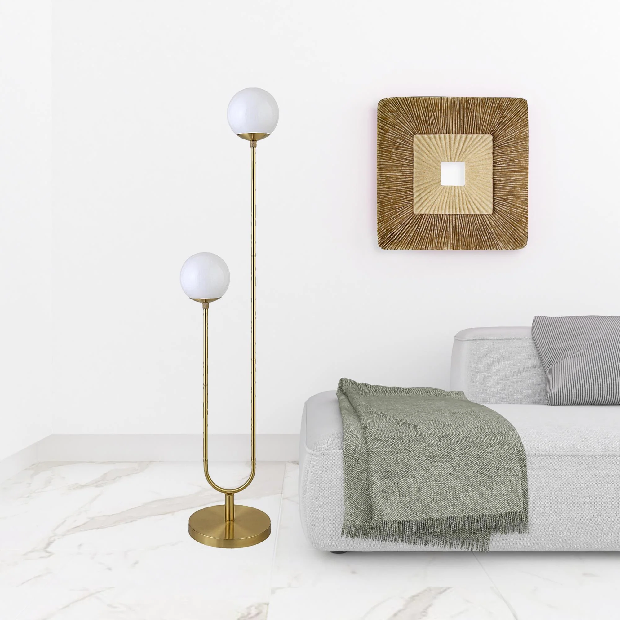 Gold And White Two Light Novelty Floor Lamp With White Glass Globe Shade By Homeroots - Image 2