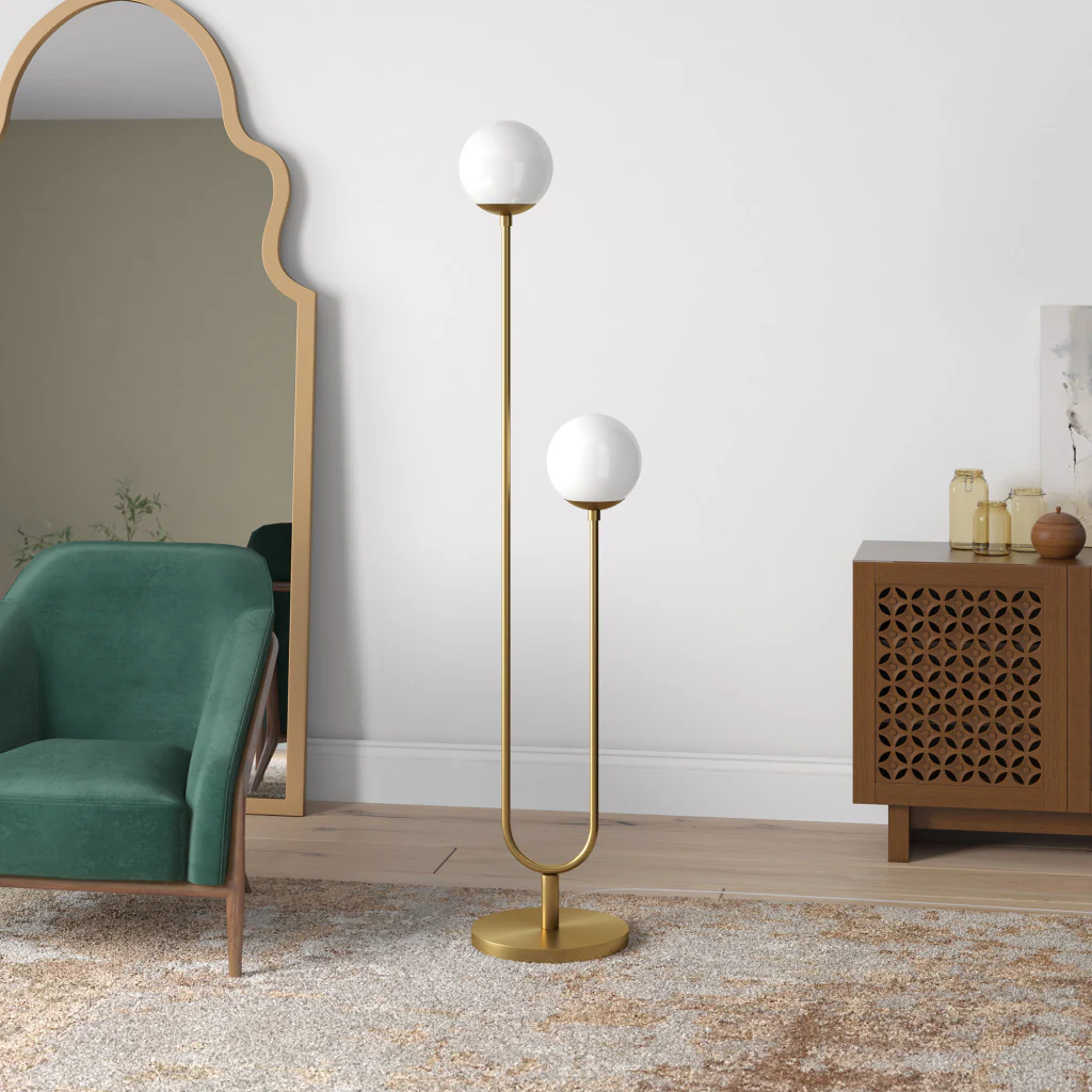 Gold And White Two Light Novelty Floor Lamp With White Glass Globe Shade By Homeroots - Image 4
