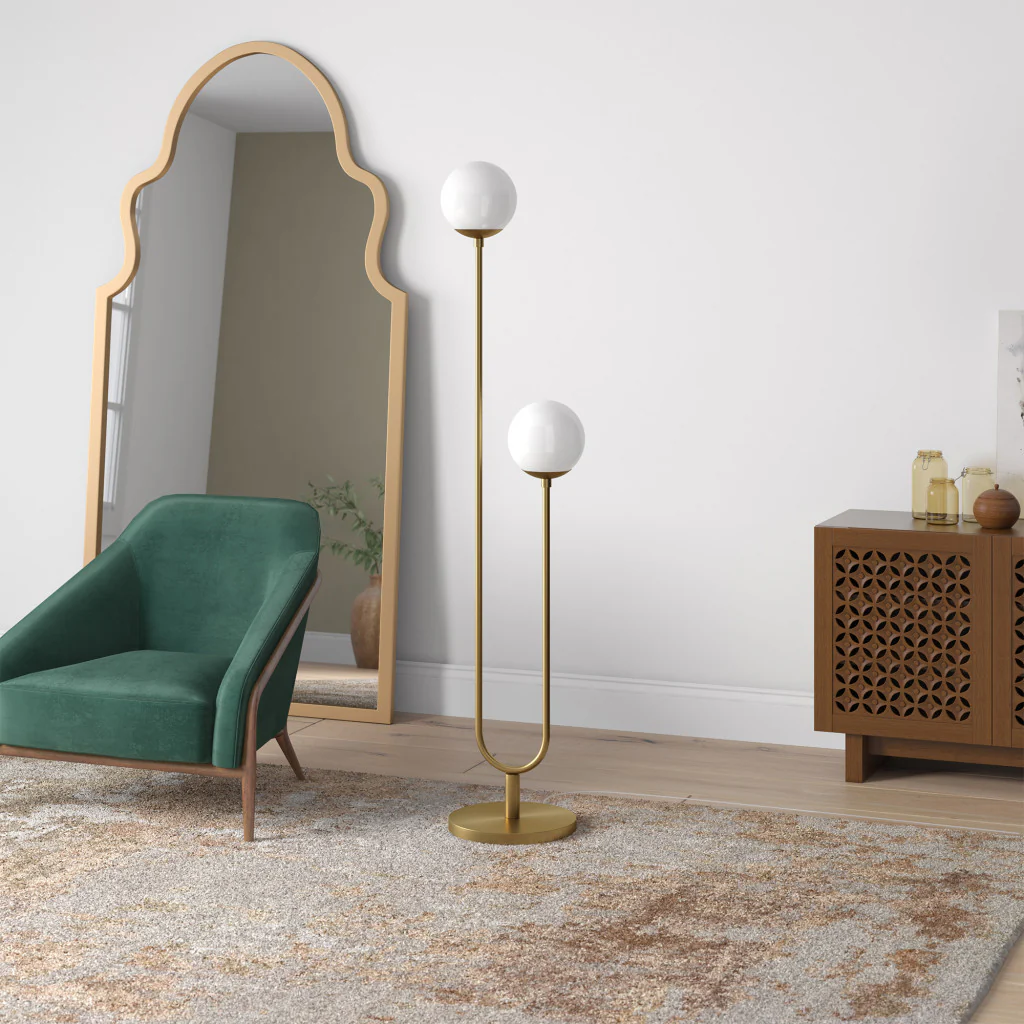 Gold And White Two Light Novelty Floor Lamp With White Glass Globe Shade By Homeroots - Image 5