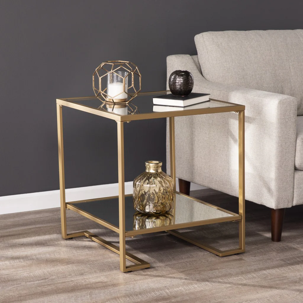 Gold Glass And Iron Square Mirrored End Table With Shelf By Homeroots - Image 8