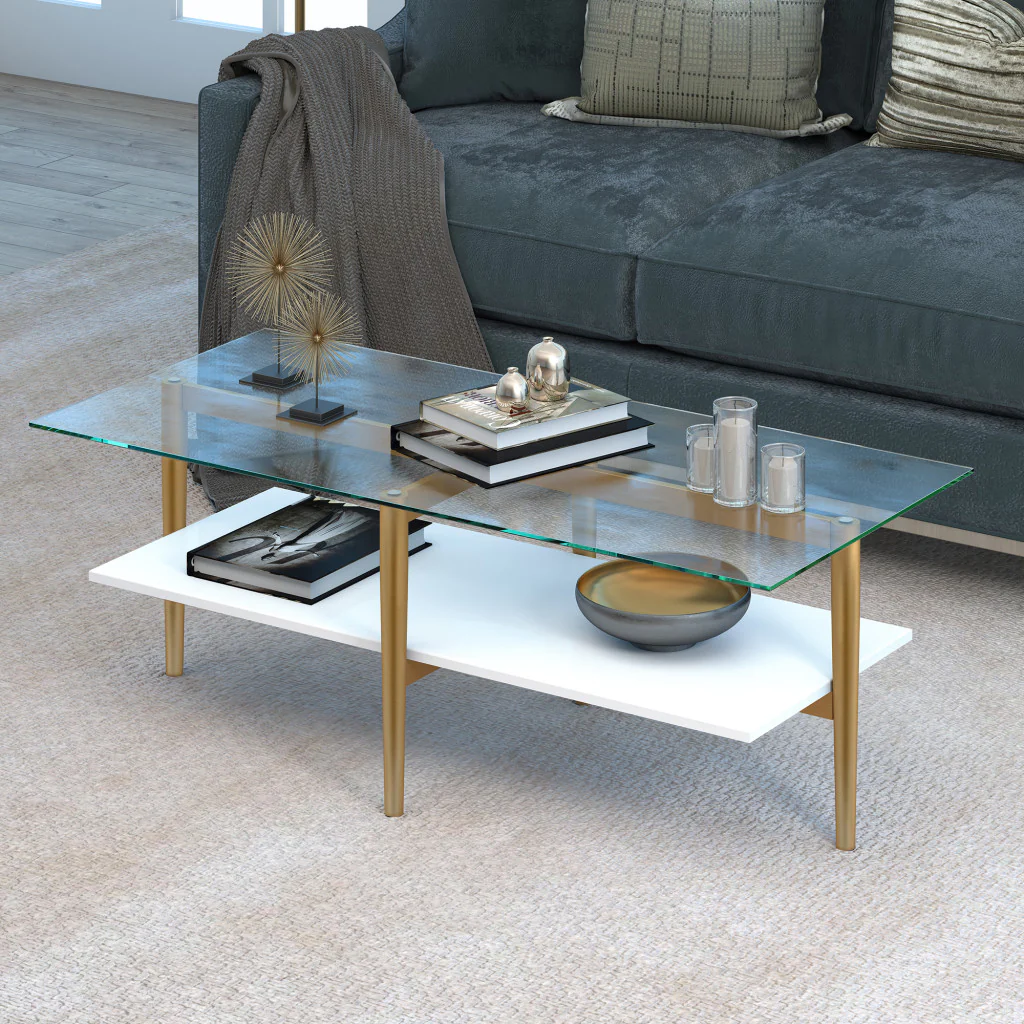 Gold Glass And Steel Coffee Table With Shelf By Homeroots - Image 6