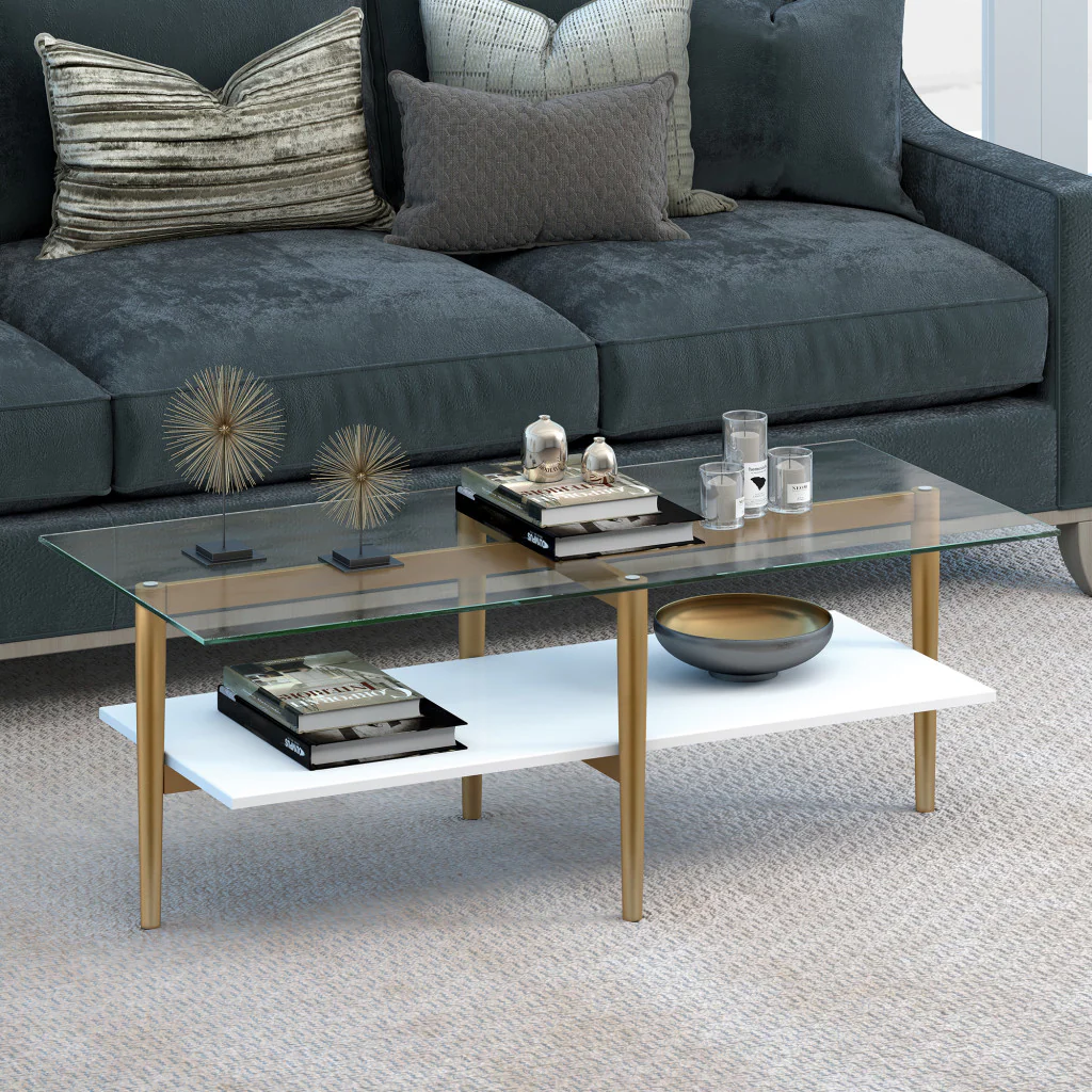 Gold Glass And Steel Coffee Table With Shelf By Homeroots - Image 7