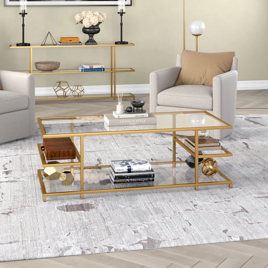 Gold Glass And Steel Coffee Table With Three Shelves By Homeroots - Image 4