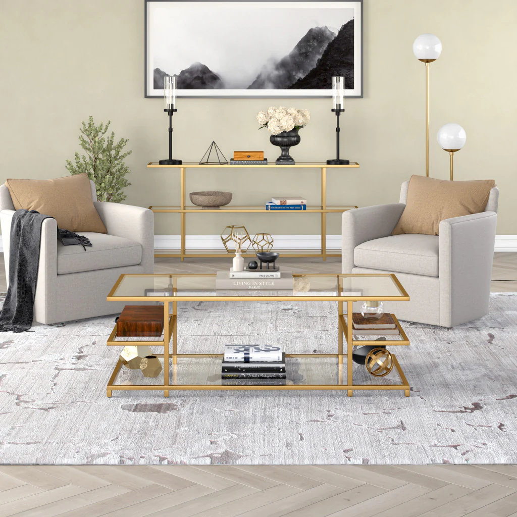 Gold Glass And Steel Coffee Table With Three Shelves By Homeroots - Image 5