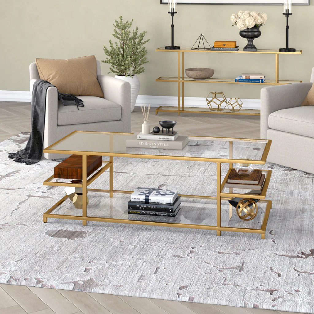 Gold Glass And Steel Coffee Table With Three Shelves By Homeroots - Image 6