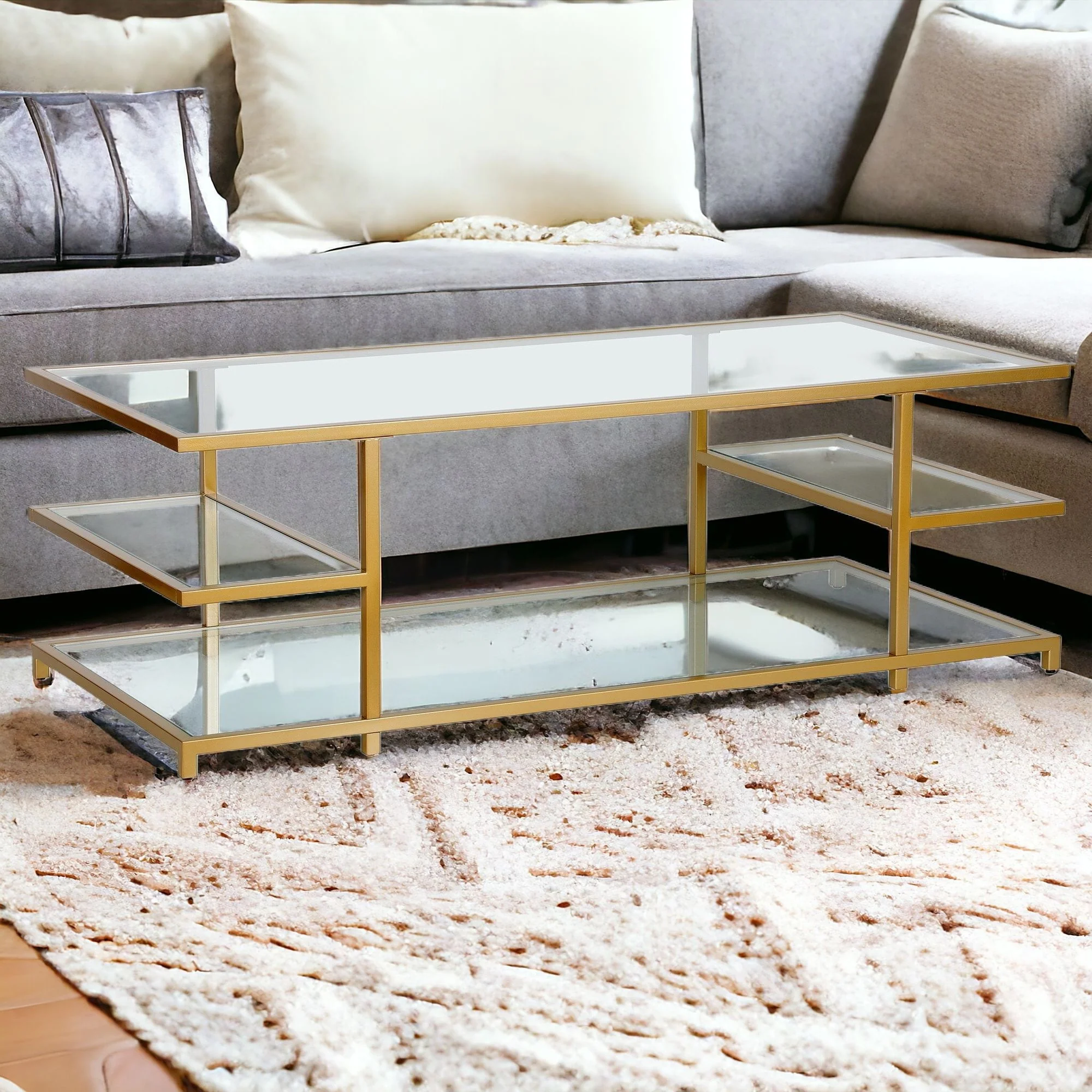 Gold Glass And Steel Coffee Table With Three Shelves By Homeroots - Image 7