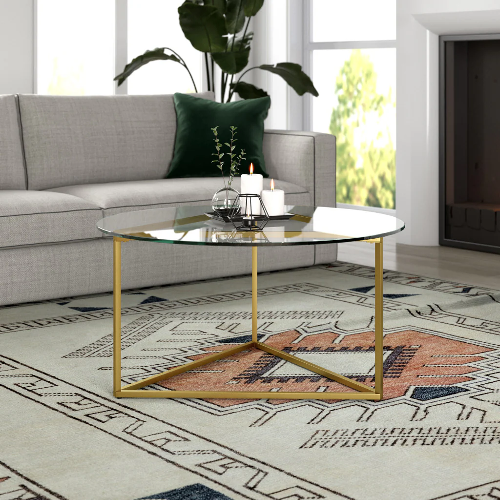 Gold Glass And Steel Round Coffee Table By Homeroots - Image 4