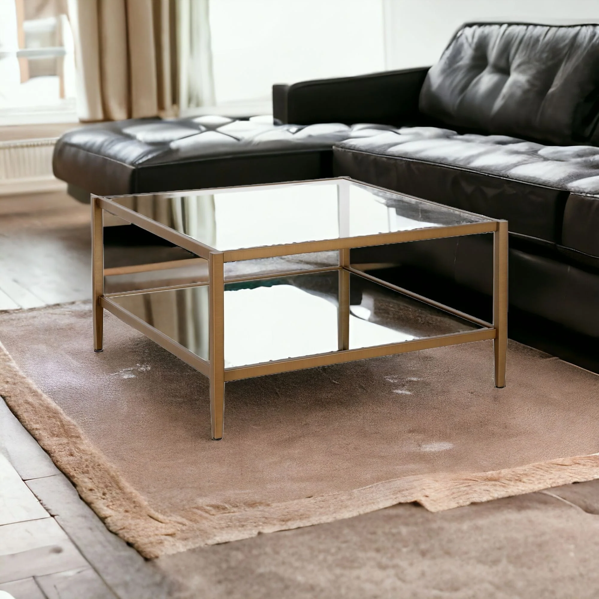 Gold Glass And Steel Square Coffee Table With Shelf By Homeroots - Image 2