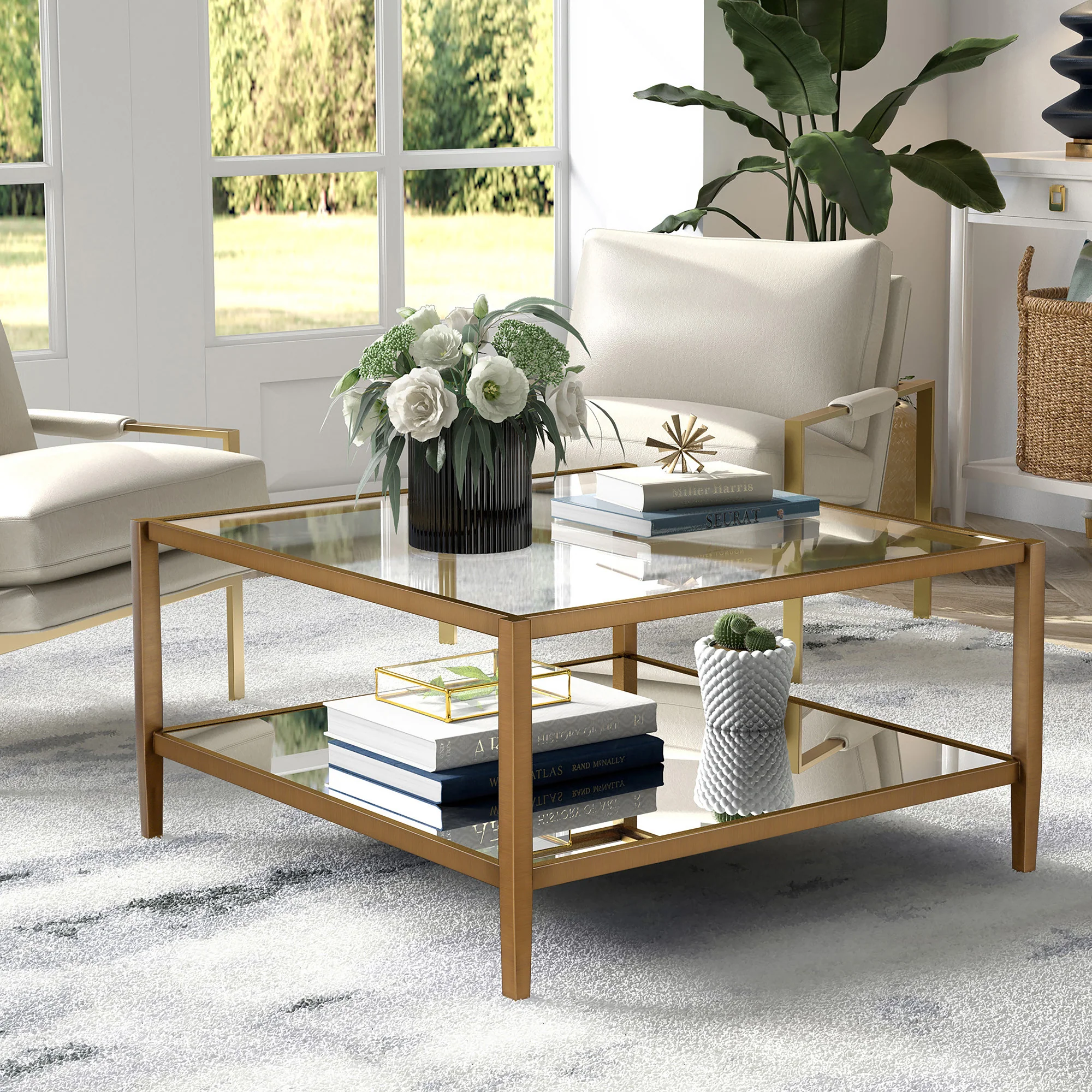 Gold Glass And Steel Square Coffee Table With Shelf By Homeroots - Image 5
