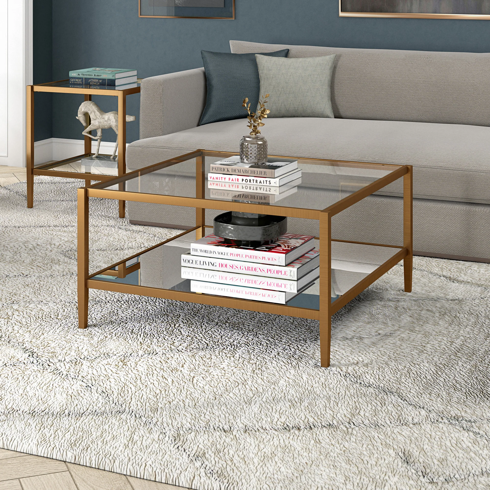 Gold Glass And Steel Square Coffee Table With Shelf By Homeroots - Image 6