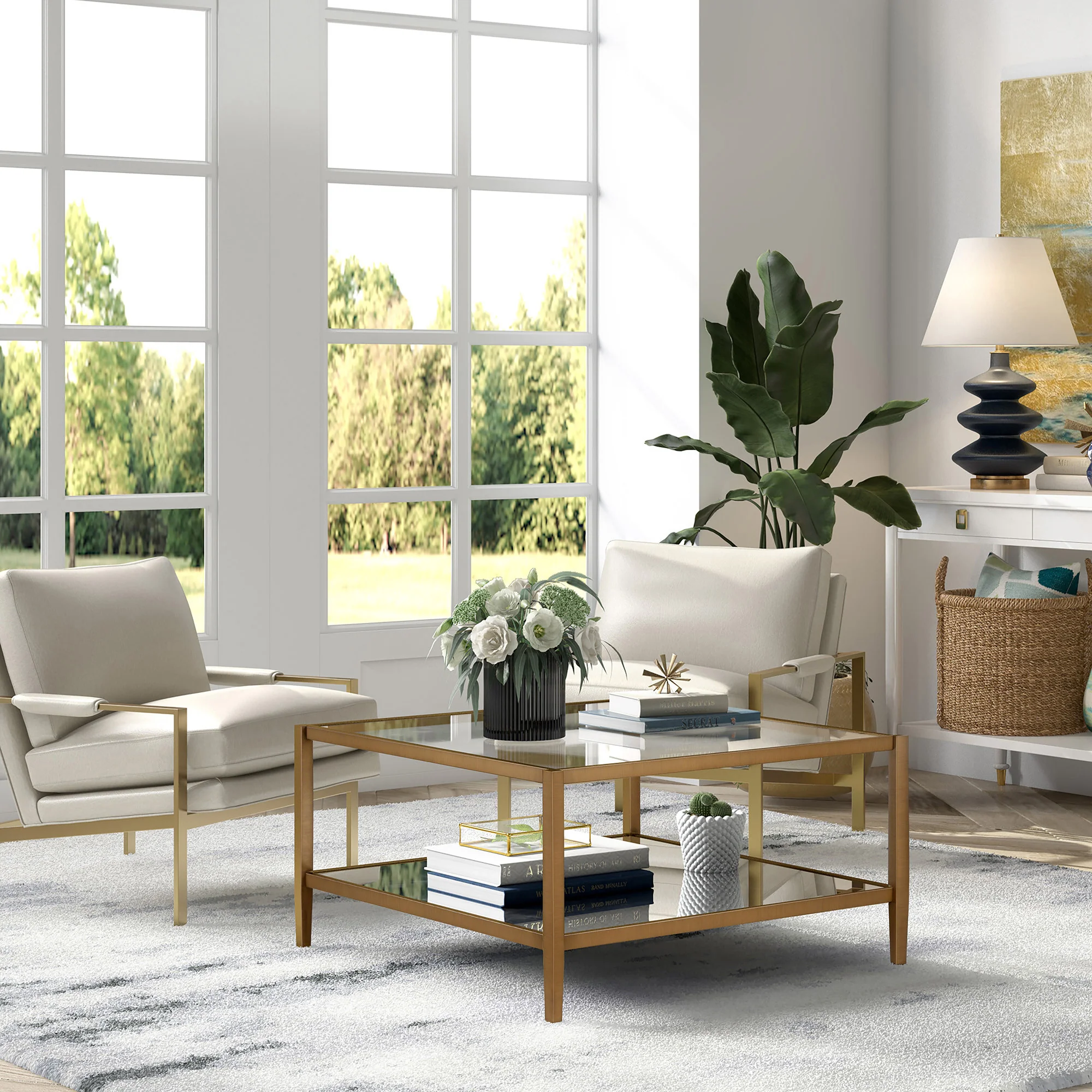 Gold Glass And Steel Square Coffee Table With Shelf By Homeroots - Image 8
