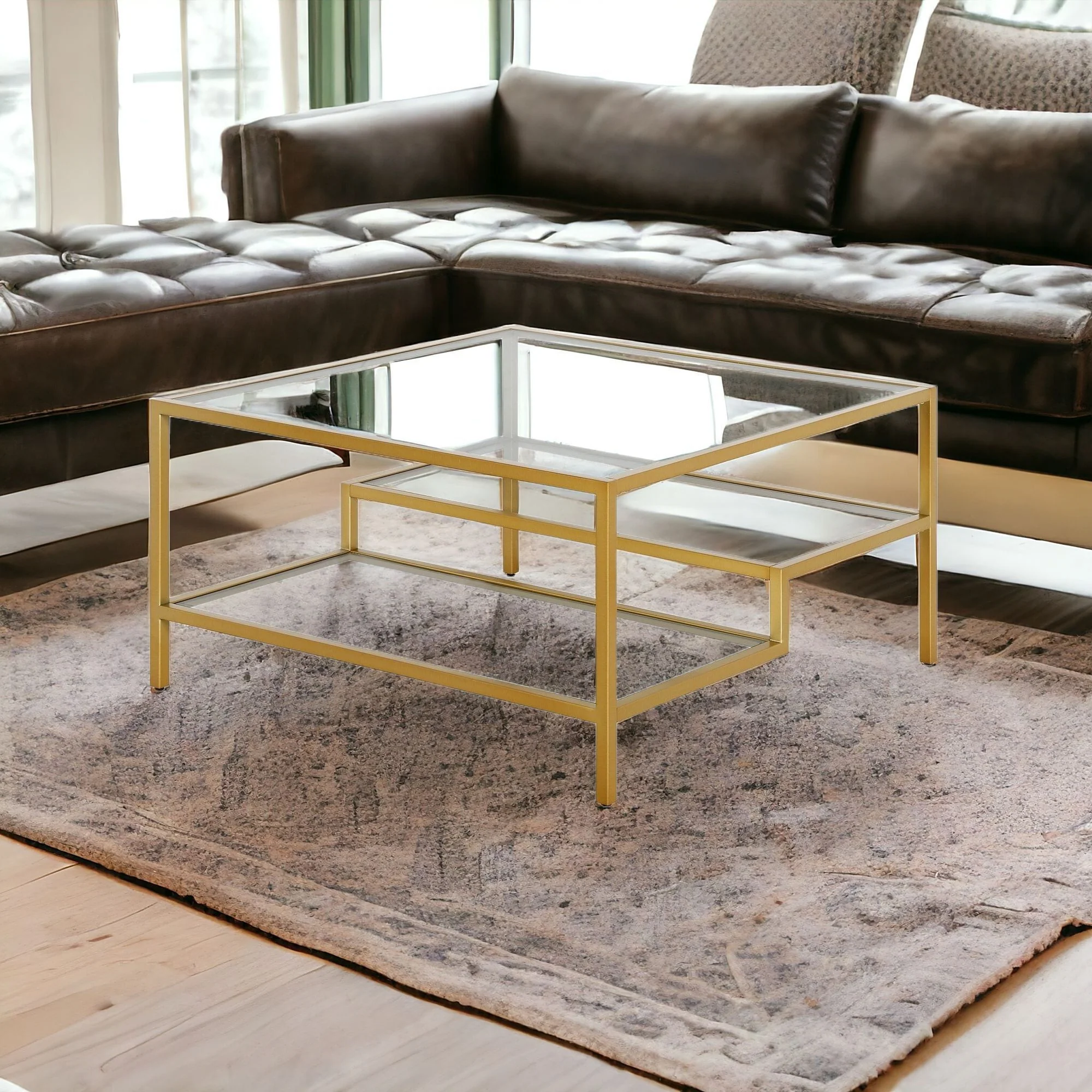 Gold Glass And Steel Square Coffee Table With Two Shelves By Homeroots - Image 2