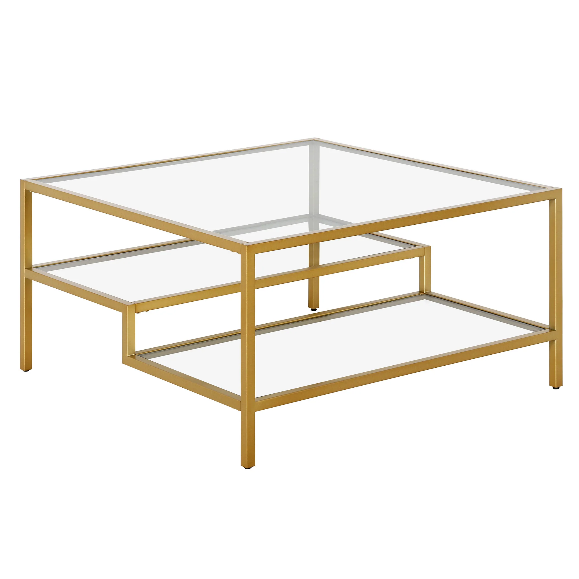 Gold Glass And Steel Square Coffee Table With Two Shelves By Homeroots - Image 4