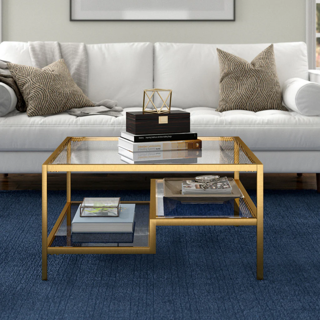 Gold Glass And Steel Square Coffee Table With Two Shelves By Homeroots - Image 5
