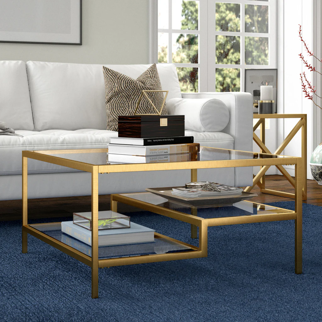 Gold Glass And Steel Square Coffee Table With Two Shelves By Homeroots - Image 6