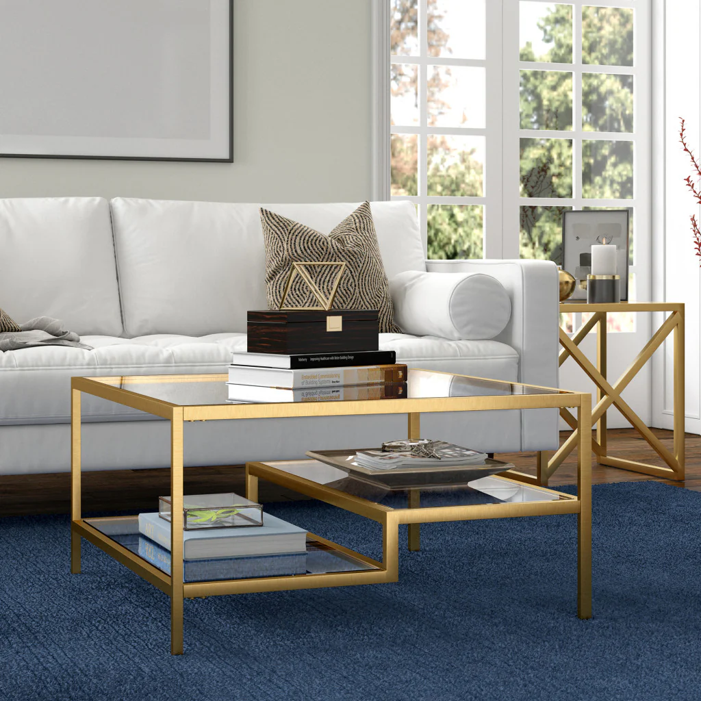 Gold Glass And Steel Square Coffee Table With Two Shelves By Homeroots - Image 8