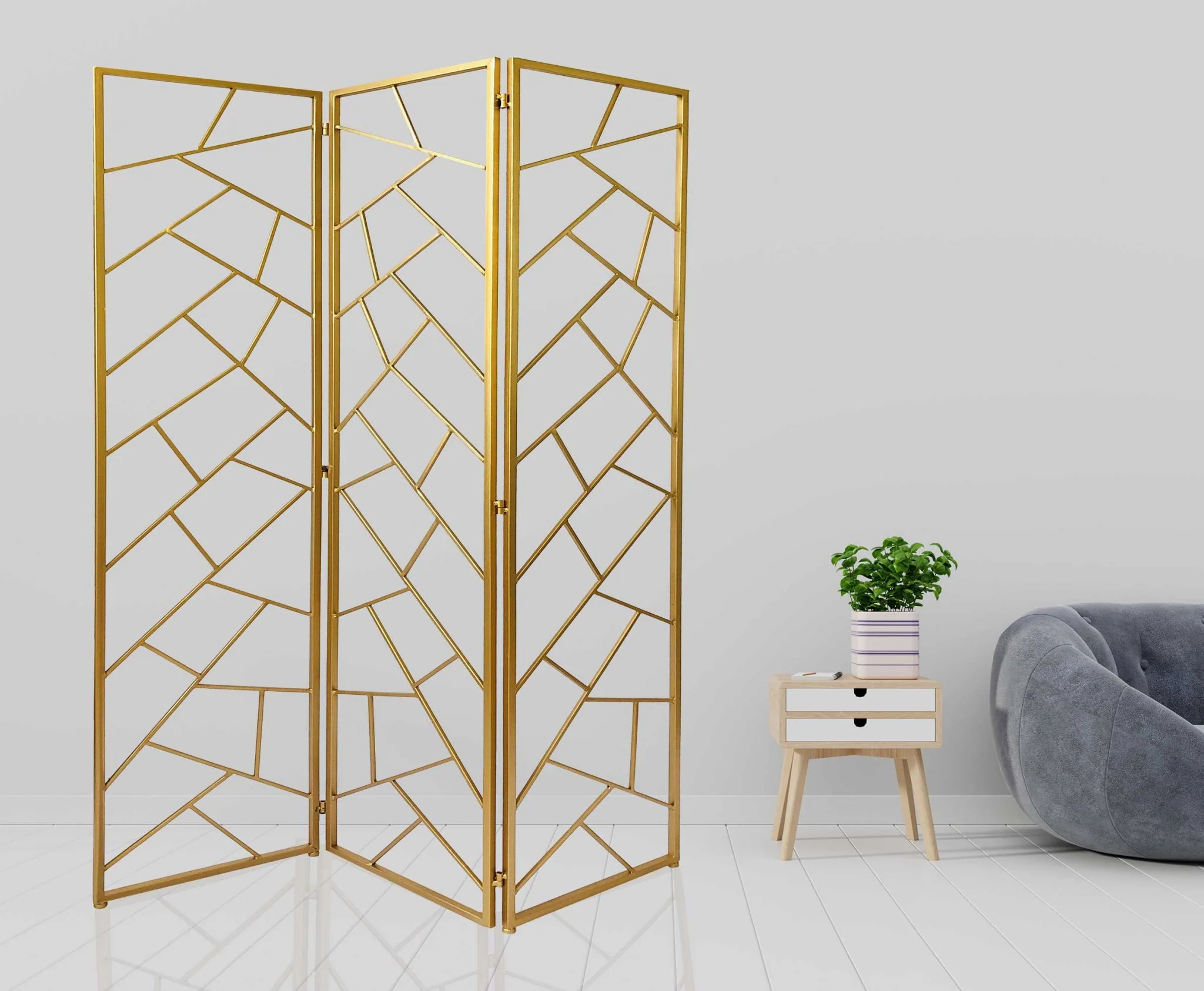 Golden Abstract Geo Three Panel Room Divider Screen By Homeroots - Image 3