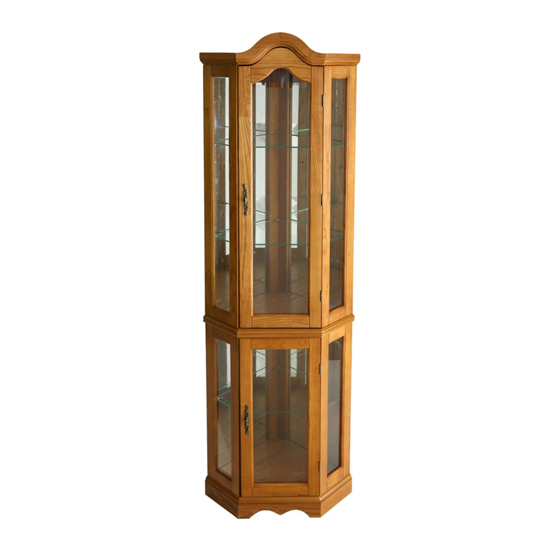 Golden Oak Scallop Top Lighted Corner Curio Cabinet By Homeroots - Image 2