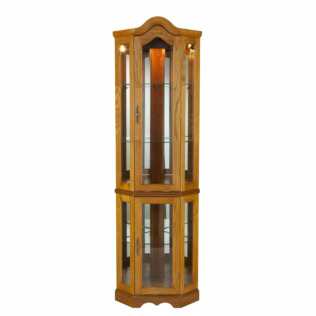 Golden Oak Scallop Top Lighted Corner Curio Cabinet By Homeroots - Image 3