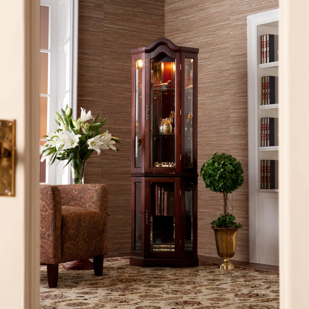 Golden Oak Scallop Top Lighted Corner Curio Cabinet By Homeroots - Image 5