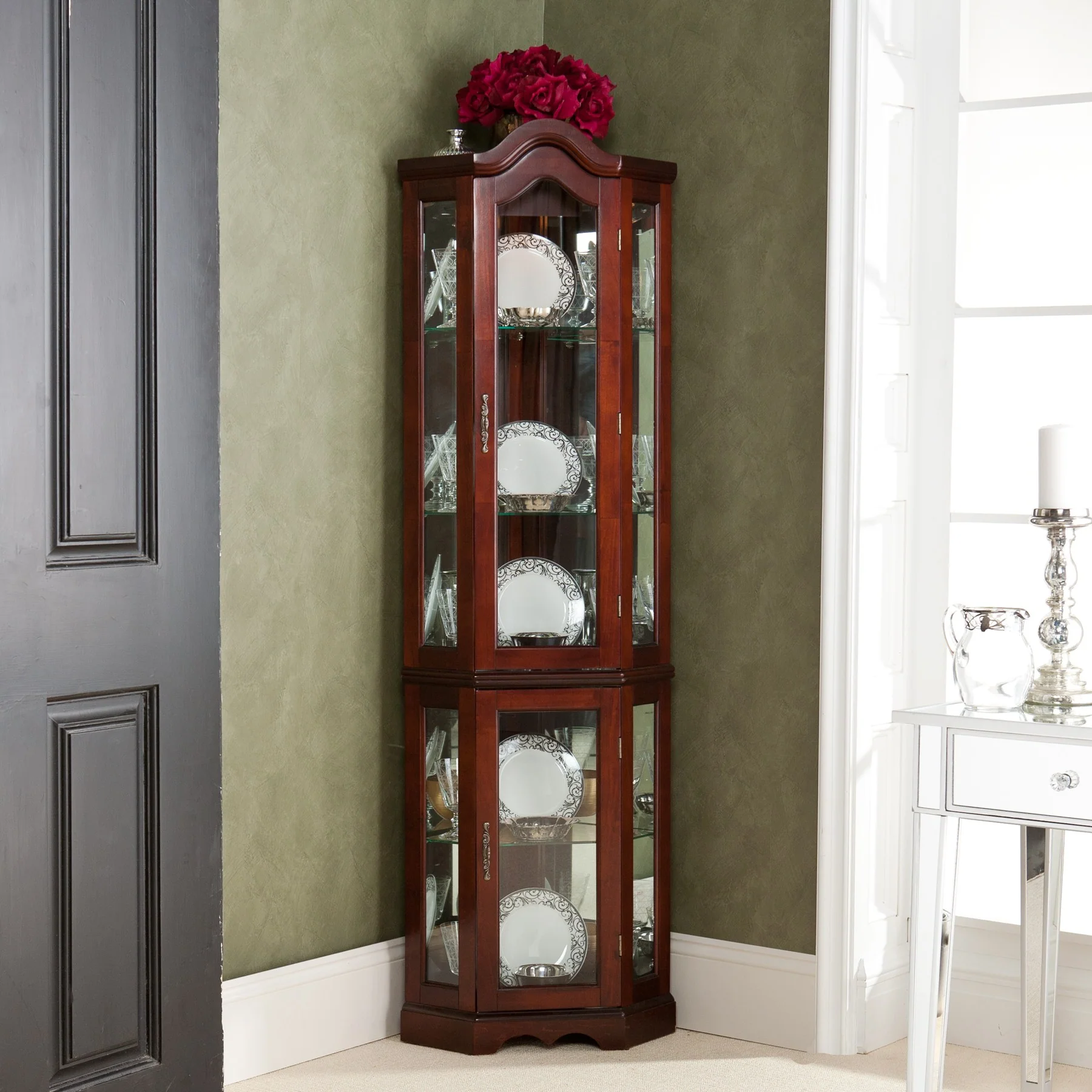 Golden Oak Scallop Top Lighted Corner Curio Cabinet By Homeroots - Image 7