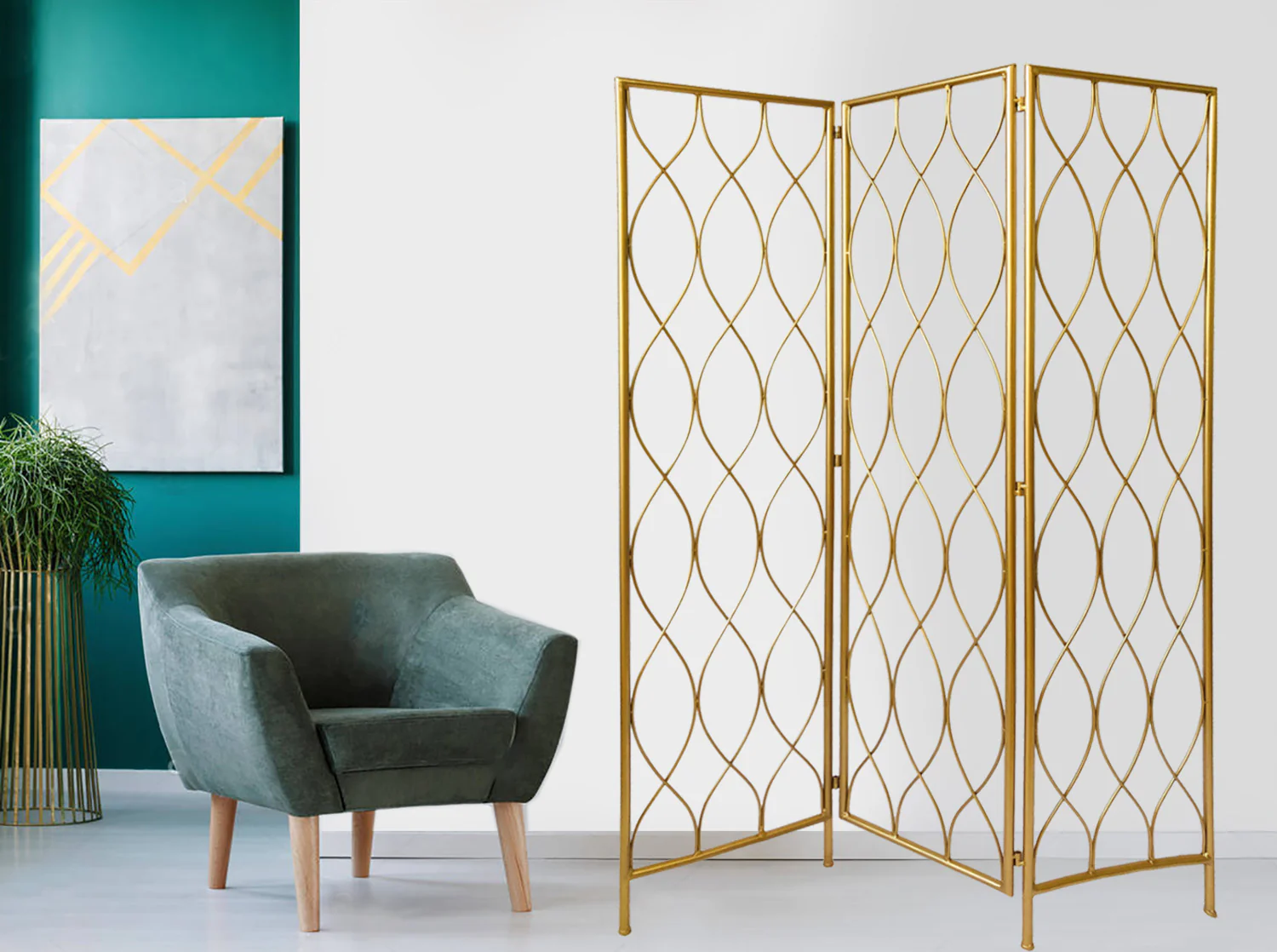 Golden Scroll Three Panel Room Divider Screen By Homeroots - Image 3