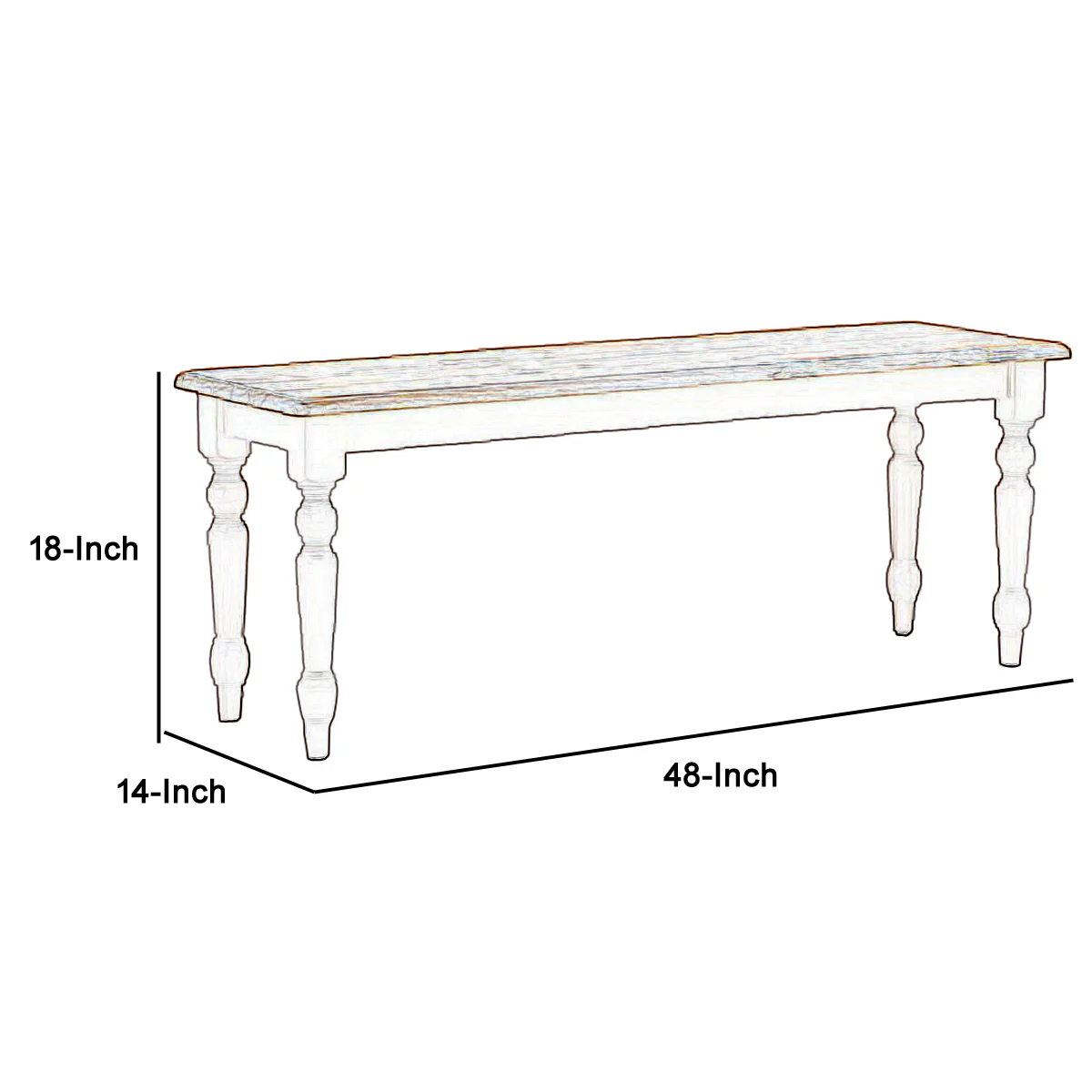 Grained Rectangular Wooden Bench With Turned Legs, Natural Brown And White By Benzara - Image 4