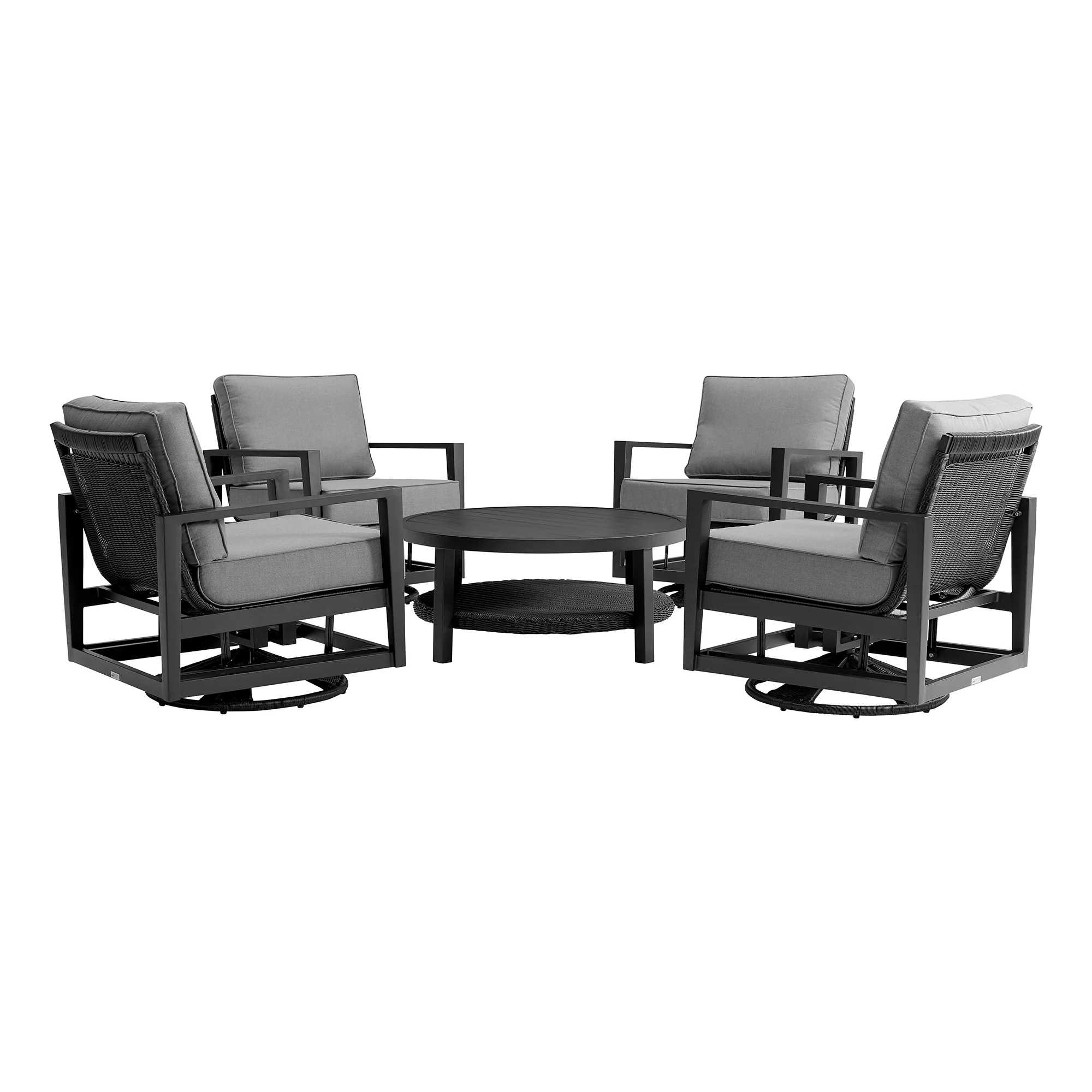 Grand 5 Piece Black Aluminum Outdoor Seating Set with Dark Gray Cushions By Armen Living - Image 2