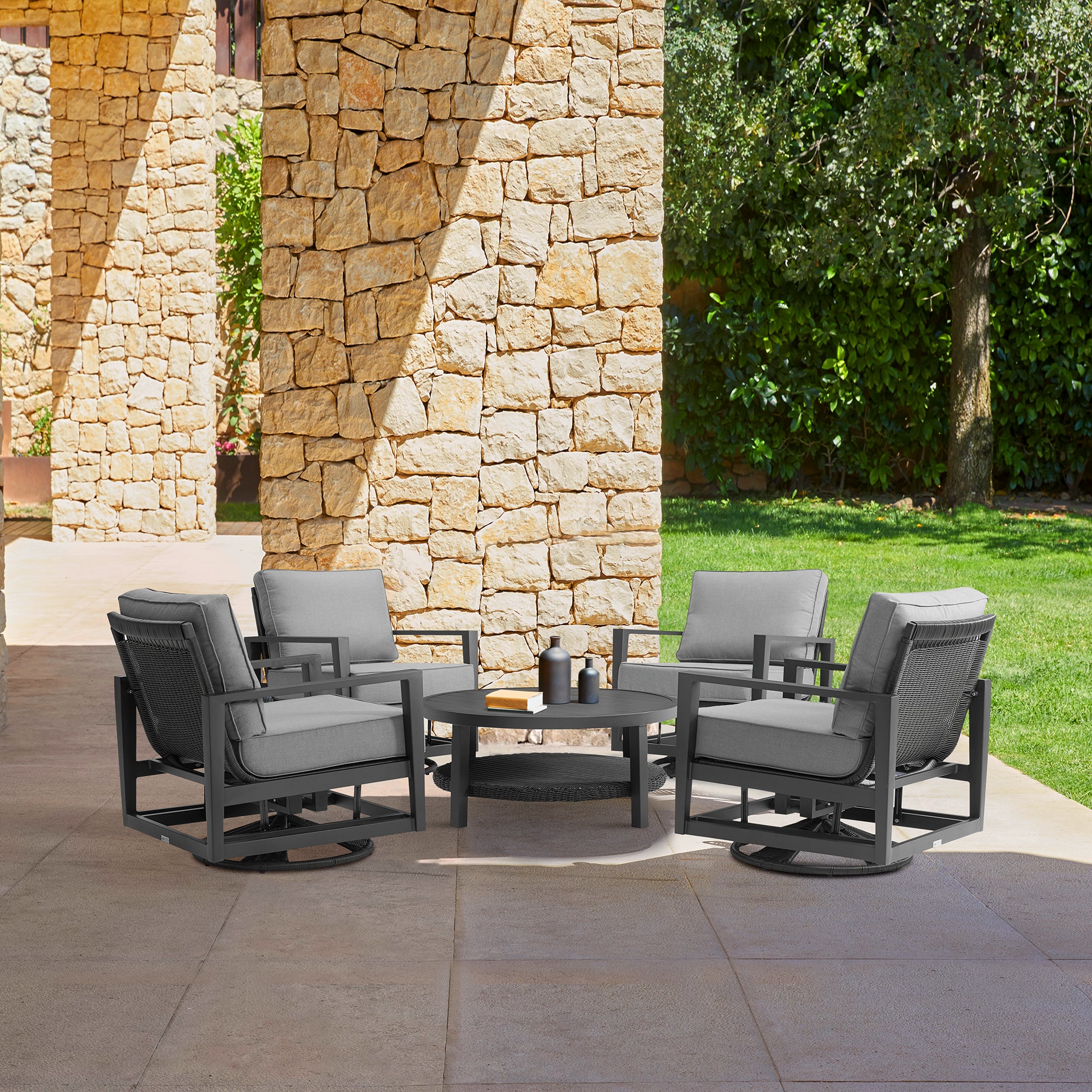 Grand Black Aluminum Outdoor Round Conversation Table with Wicker Shelf By Armen Living - Image 3