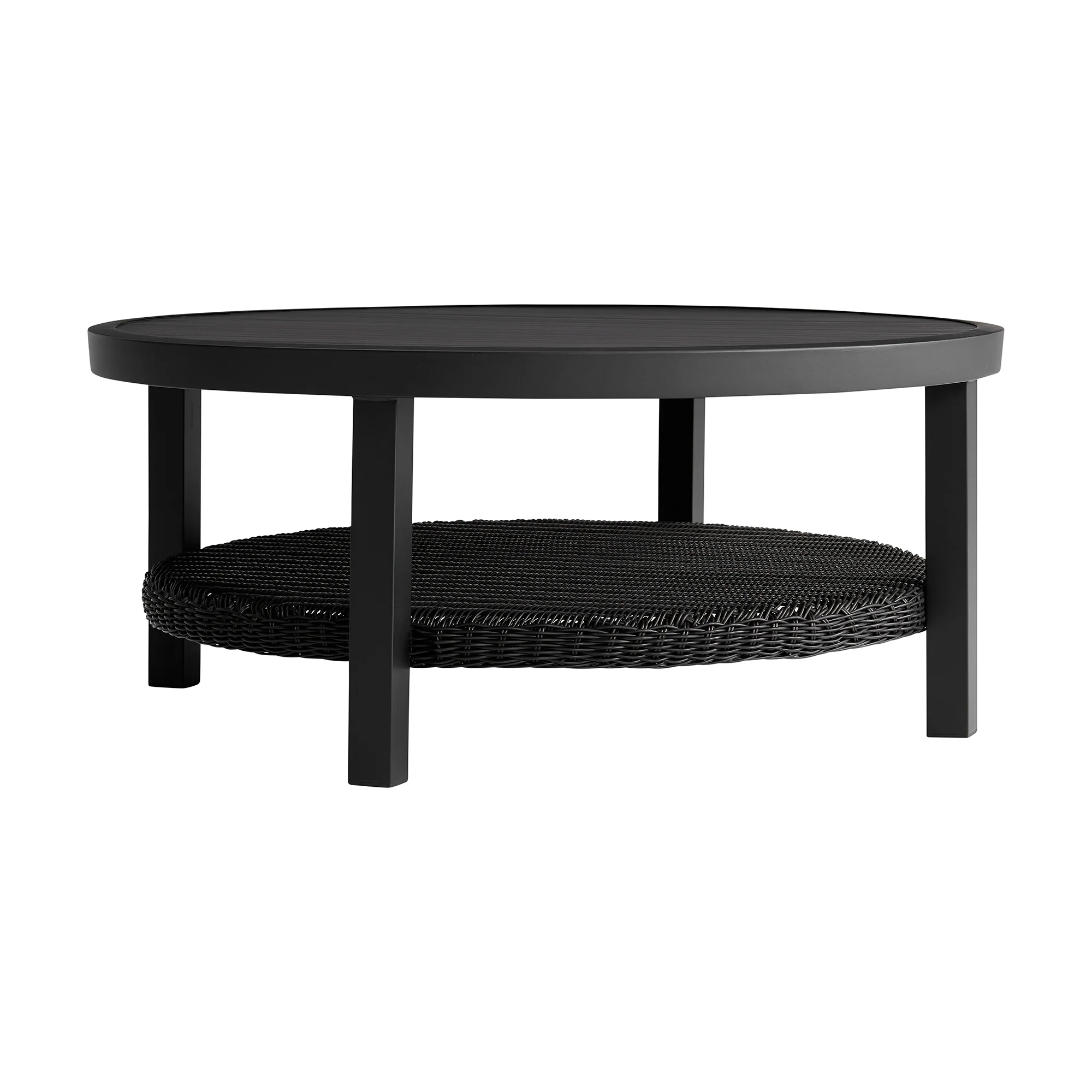 Grand Black Aluminum Outdoor Round Conversation Table with Wicker Shelf By Armen Living - Image 4