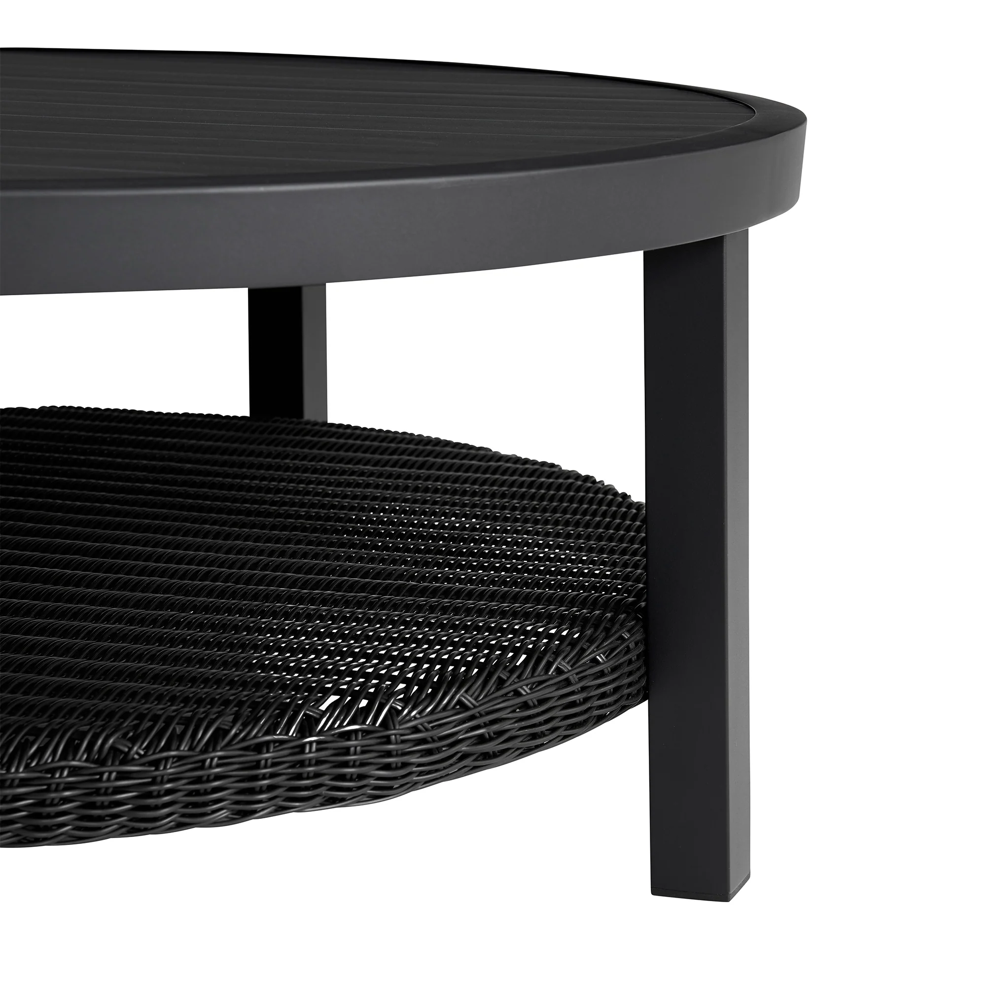 Grand Black Aluminum Outdoor Round Conversation Table with Wicker Shelf By Armen Living - Image 5